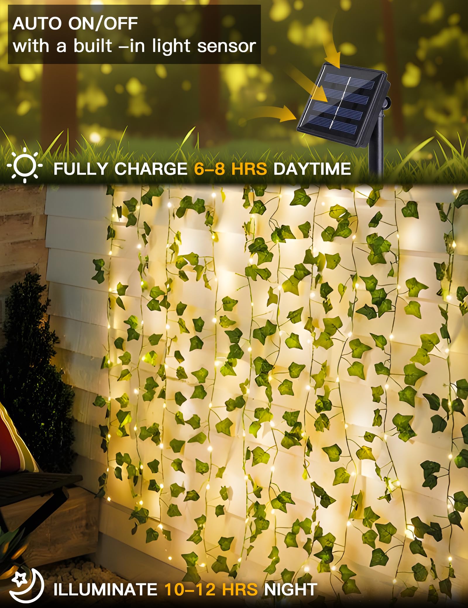 suddus Solar Fairy Lights, 100 LED Ivy String Lights, 33ft Waterproof, 8 Modes, Warm White for Outdoor, Garden, Patio, Balcony