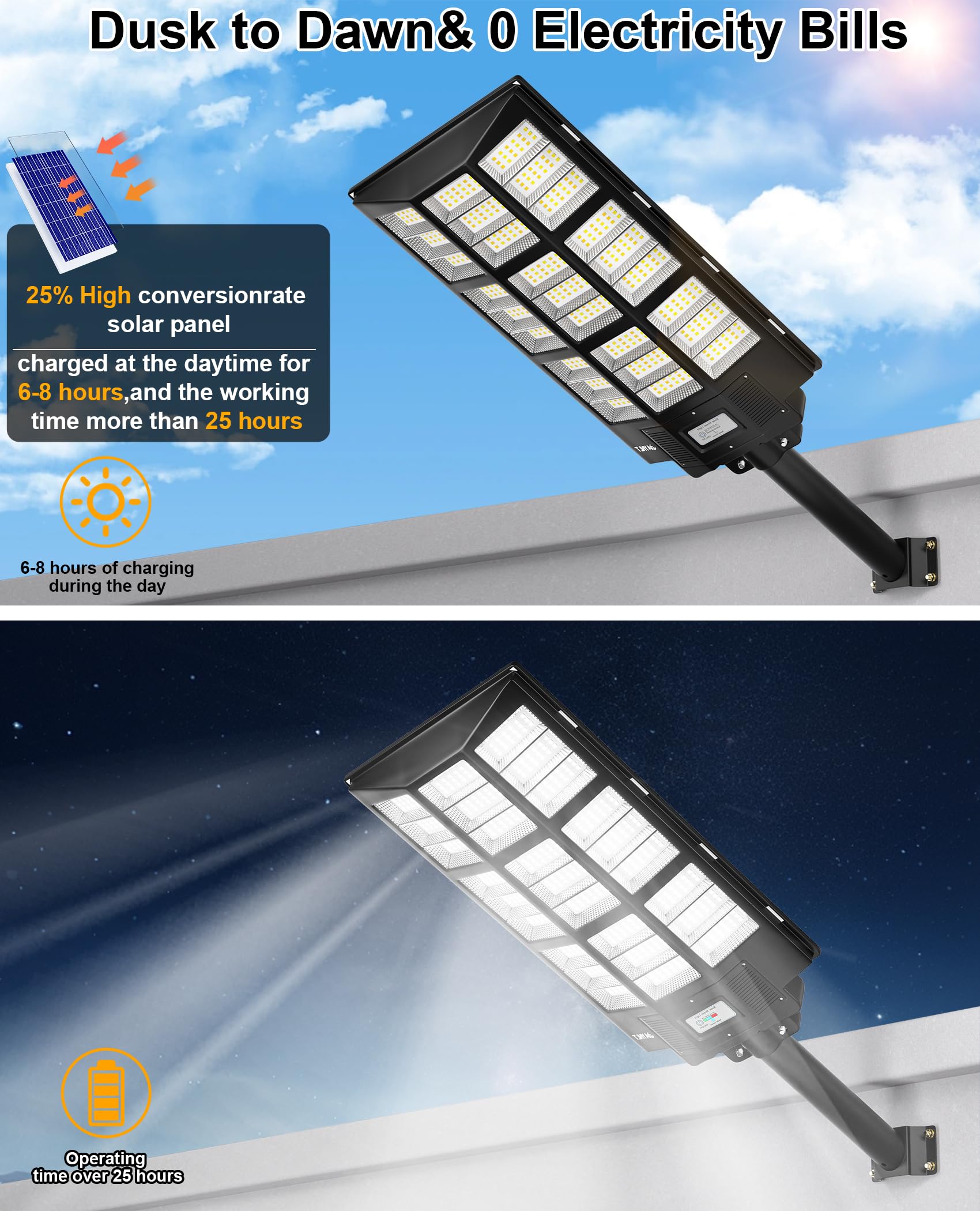 JAYNLT Y-7200W Solar Street Lights, 680000LM, 6500K, Dusk to Dawn, Motion Sensor, Black, 1Pack
