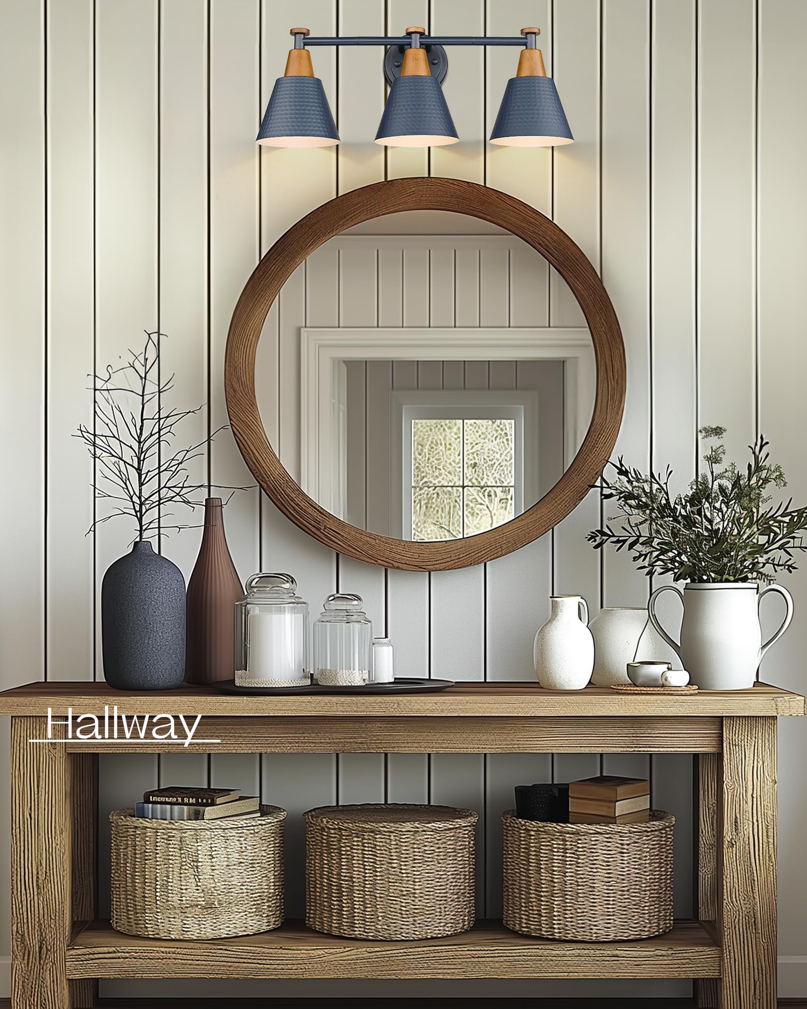 FEMILA Bathroom Vanity Light, 3-Light Modern Fixture, Hammered Metal Shade, Dark Blue, Wall Sconce Lamp