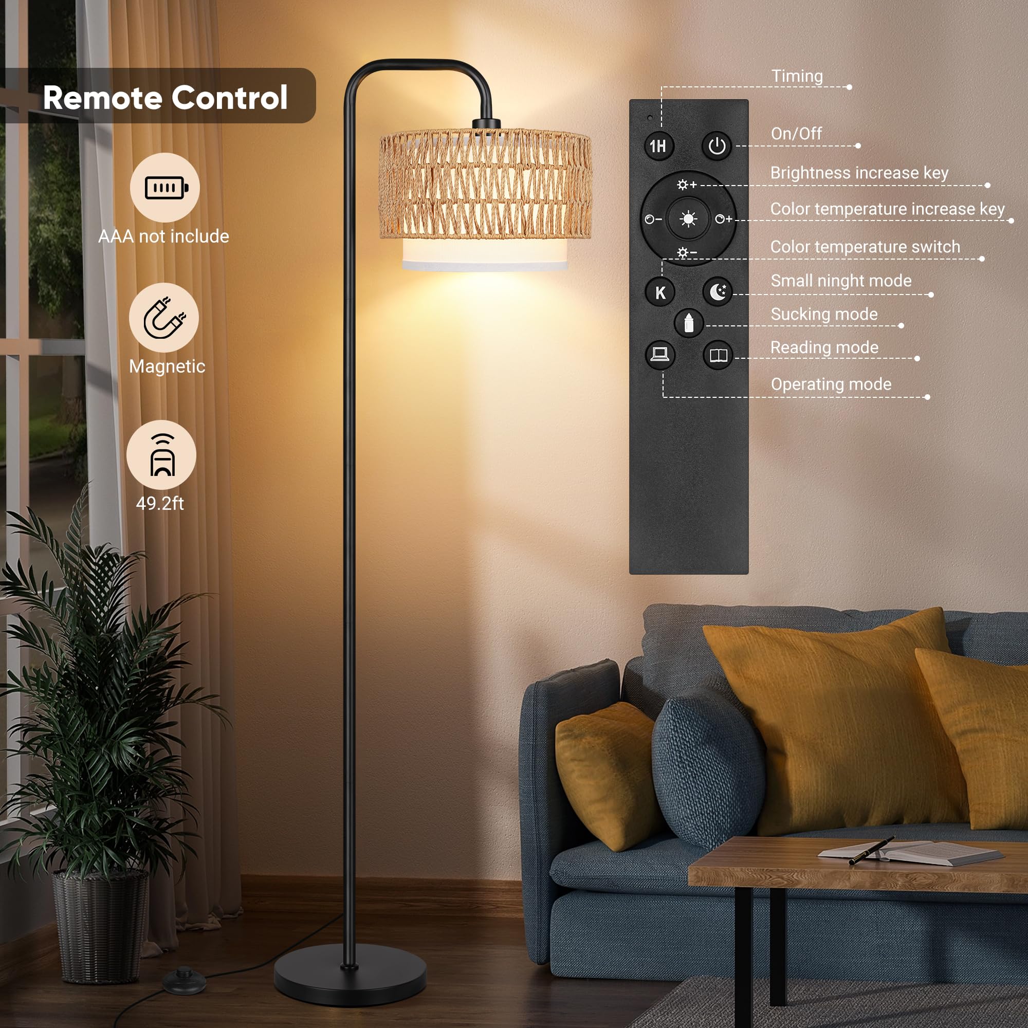 PARTPHONER Floor Lamp with Remote, Dimmable Bulb, 3 Color Temperatures, Black, Dual-layer Shade, Model STR-FL-0177