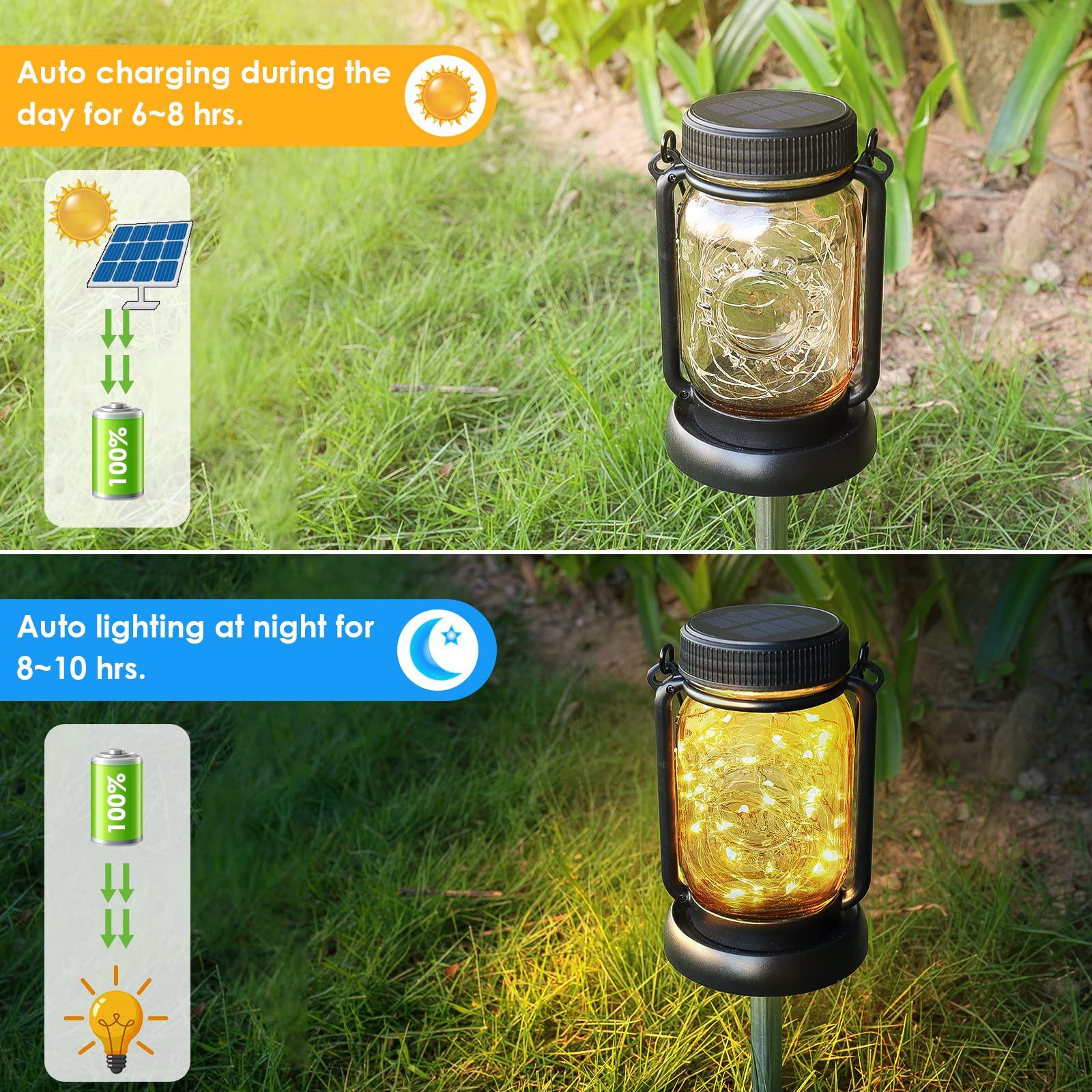 Mlambert 4 Pack Solar Hanging Lantern With Stakes, Outdoor Waterproof Solar Mason Jar Fairy String Lights Decorative Vintage Gla
