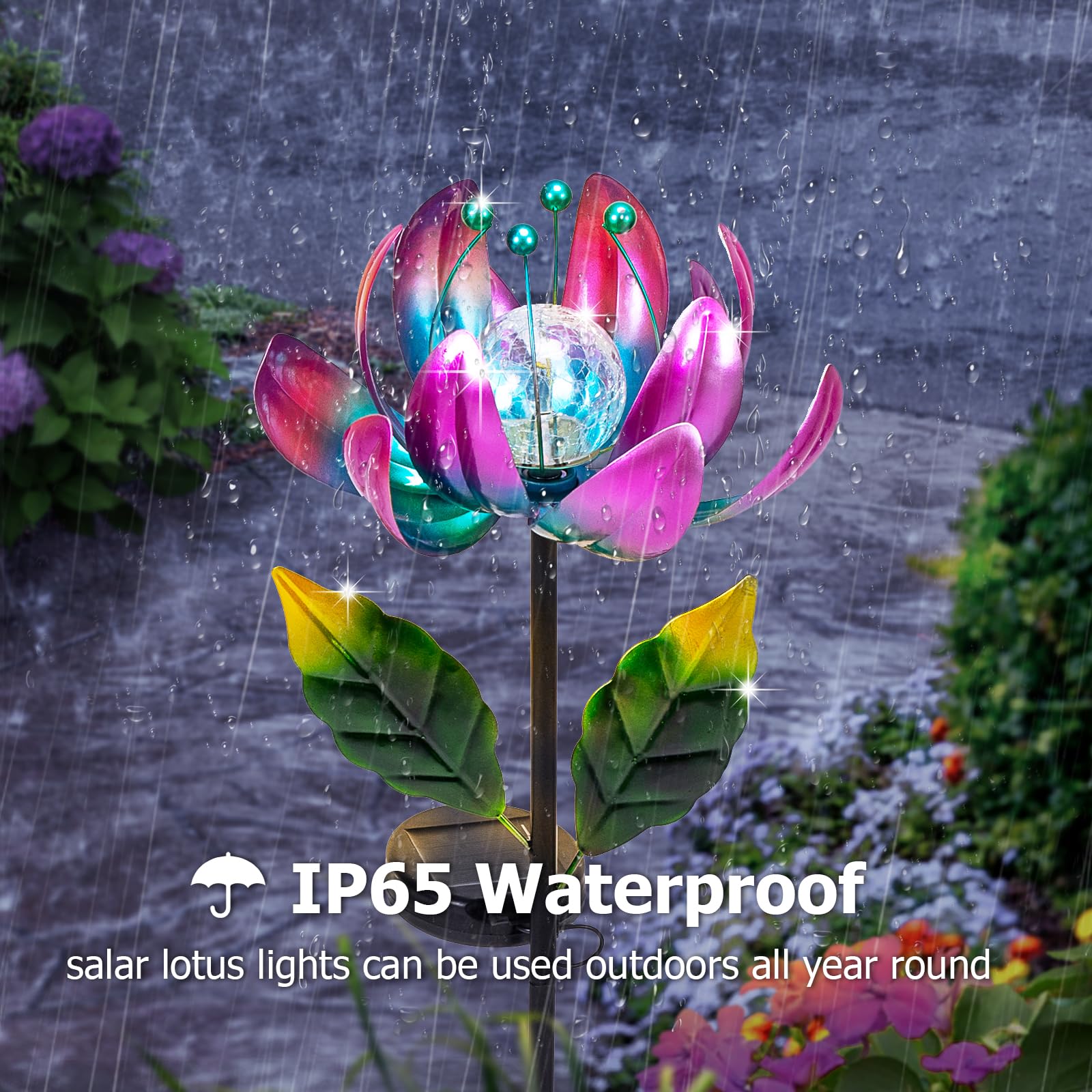 Huaxu Solar Outdoor Lights 35.4In Garden Decor Flower Wind Spinners,Waterproof Led Crackle Glass Globe Purple Lotus Art Metal St