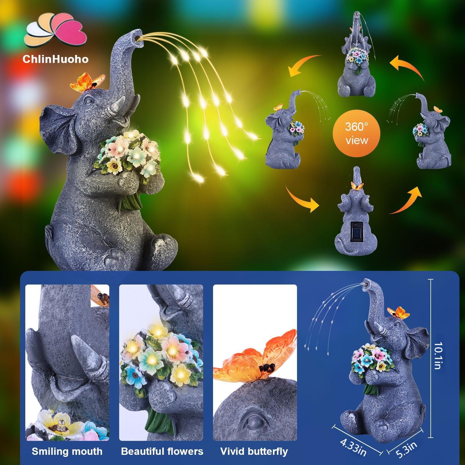 Chlinhuoho Solar Garden Elephant  Lights Watering Decor  Animal Statue Outdoor  Fairy Garden Accessories Patio Yard Balcony Decorations  Lawn Ornament  Housewarming  Birthday Mothers Day Mom Gifts