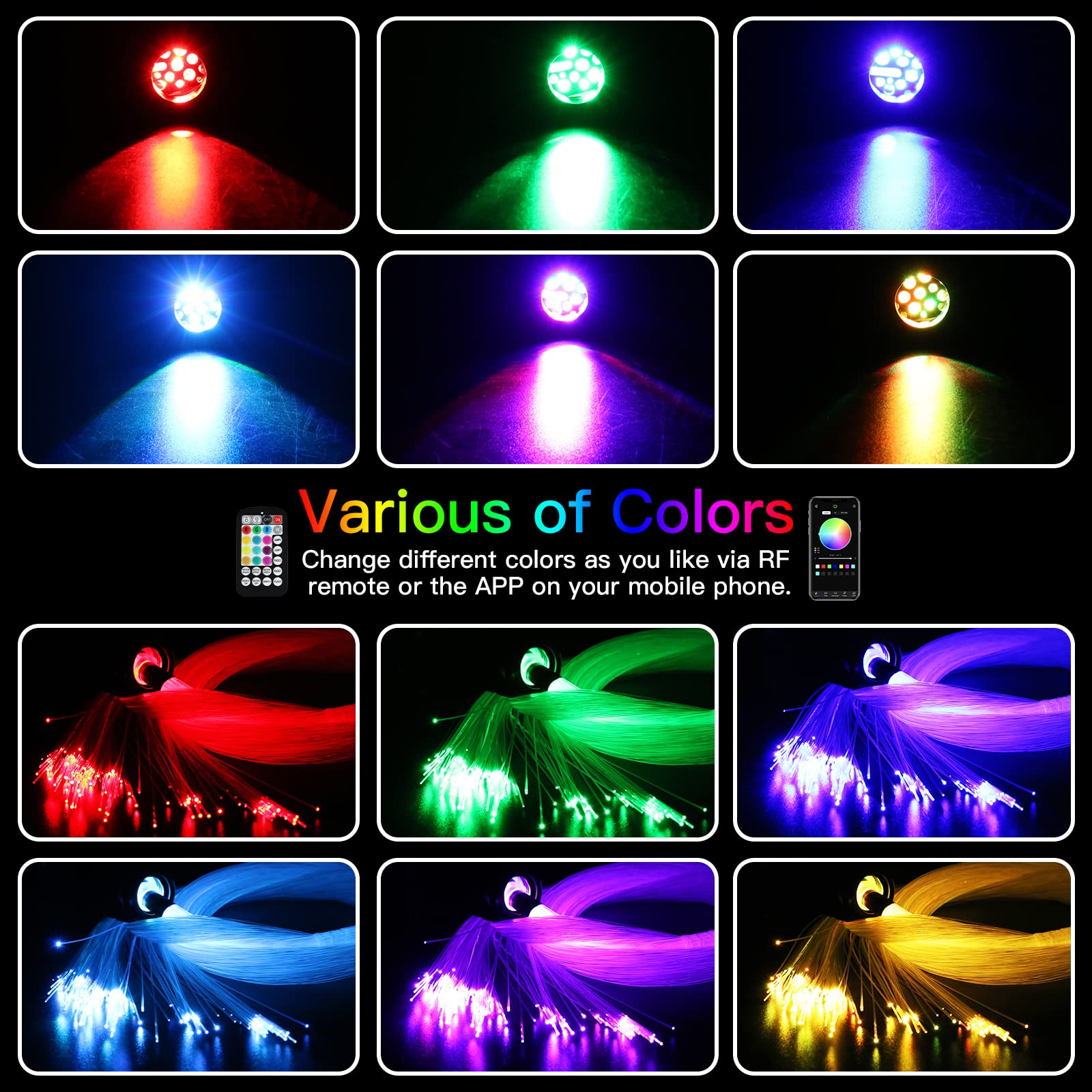 Amki Updated 16W Rgbw Fiber Optic Light Twinkle+Sound Activated Mixed 375Pcs 9.8Ft Cables App Remote Music Control Car Home Star