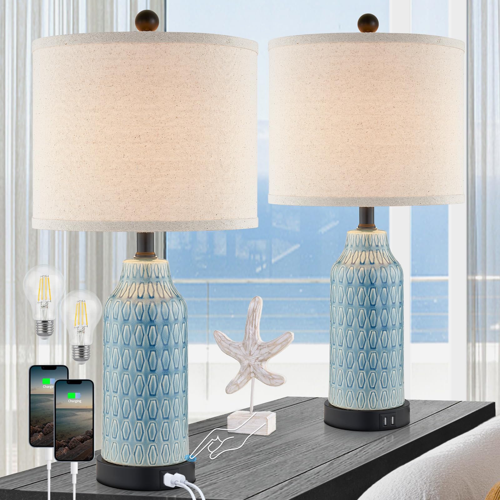 Cinkeda Blue Ceramic Table Lamps Set Of 2, Touch Control, Usb Ports, 3-Way Dimmable, Bulbs
