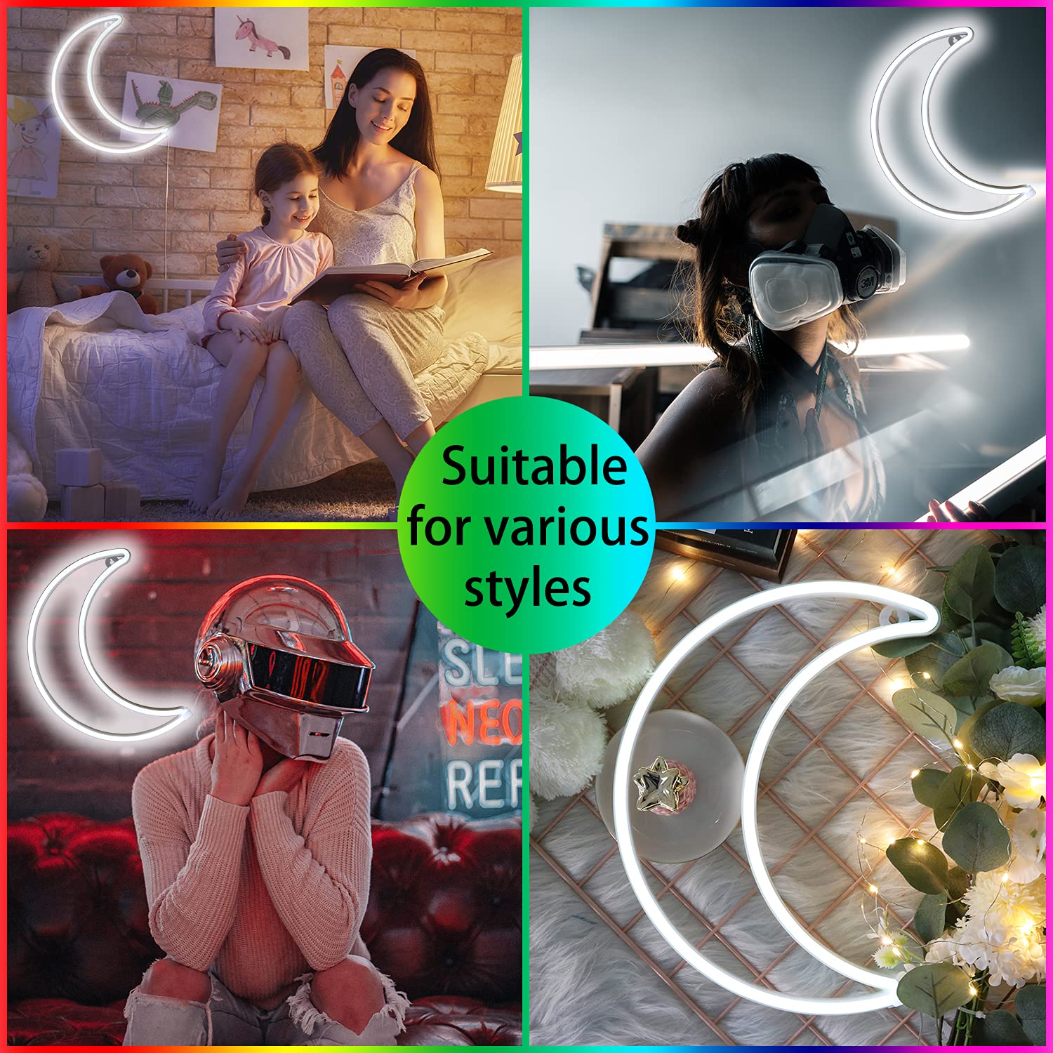 YAOZHOU LED Moon Neon Light, Cool White, USB/Battery Powered Decorative Night Light for Home, Office, Bedroom, Party