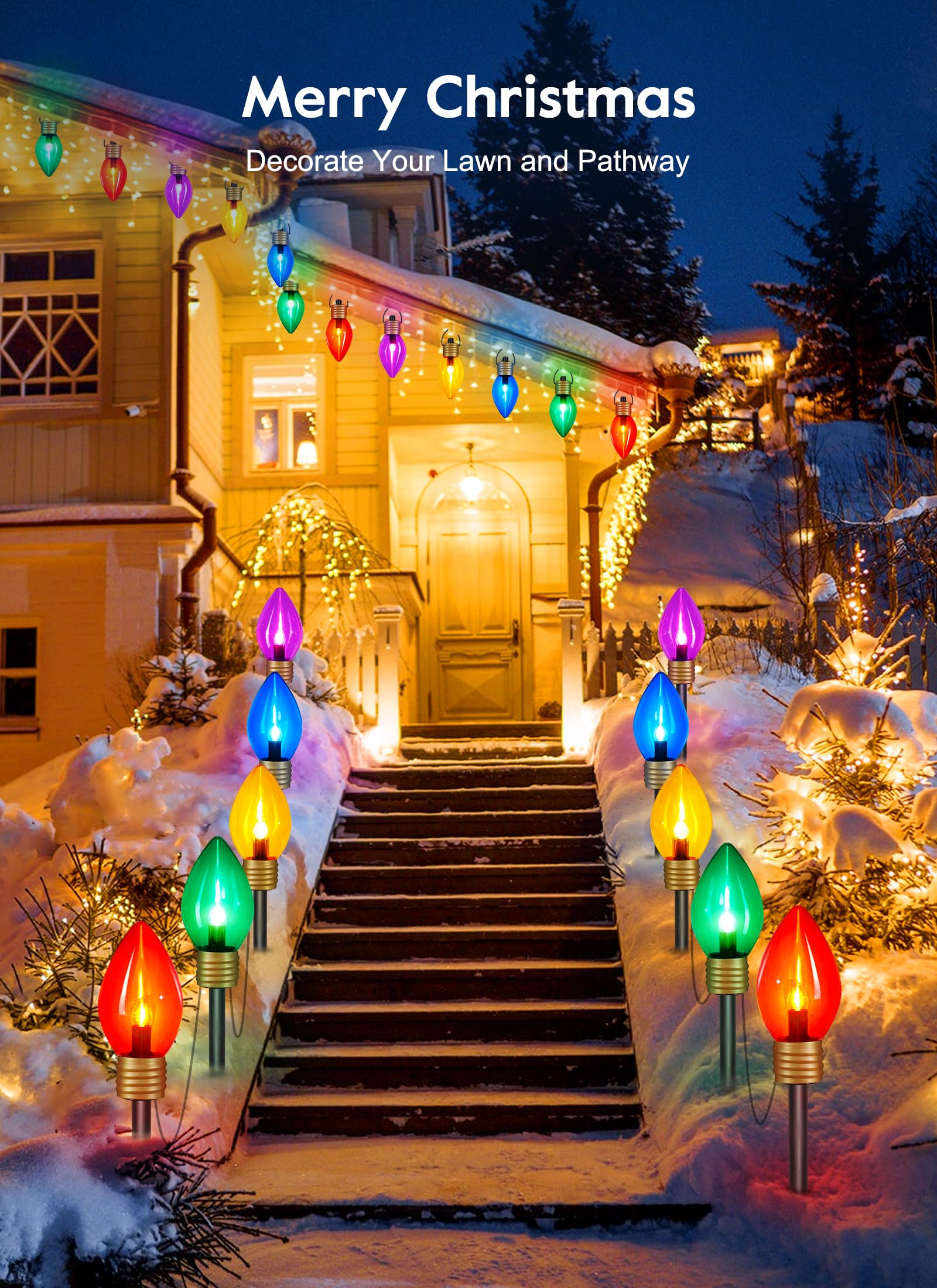Brightown Jumbo C9 Christmas Lights - 8.5ft Multicolor LED Outdoor Decorations with Pathway Marker Stakes, 5 Lights, Plastic