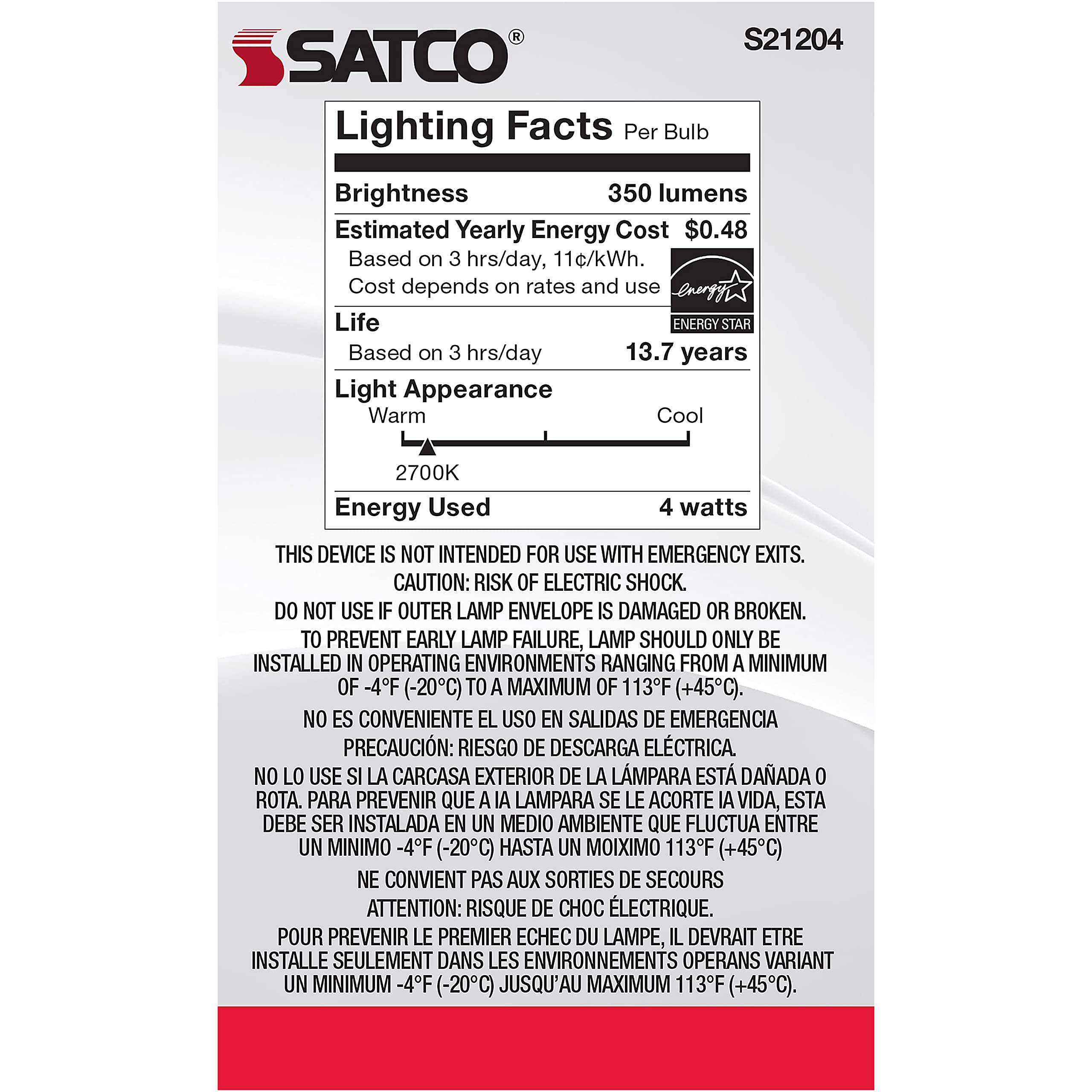 Satco 4-Watt LED E12 Light Bulb, Dimmable, 2700K, 15000 Hour Rating, Clear, Model S21204, 1 Count