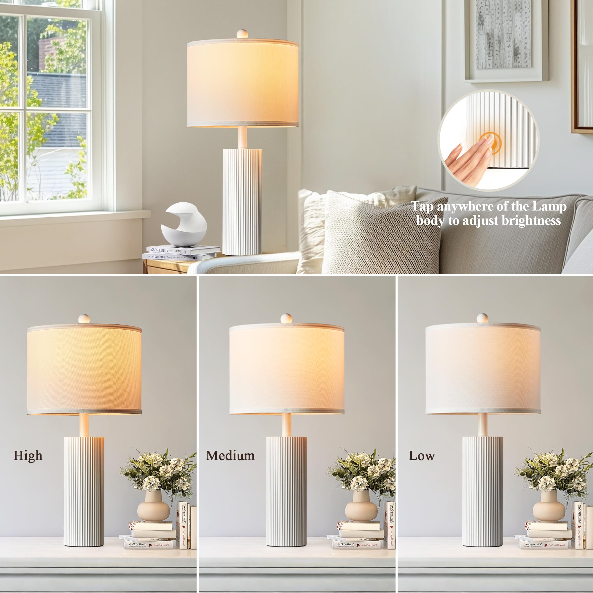 Bzzmmb 24.5'' White Table Lamps Set Of 2, Modern Lamps For Living Room End Tables With Usb C+A Ports, Metal Touch Light Fixture