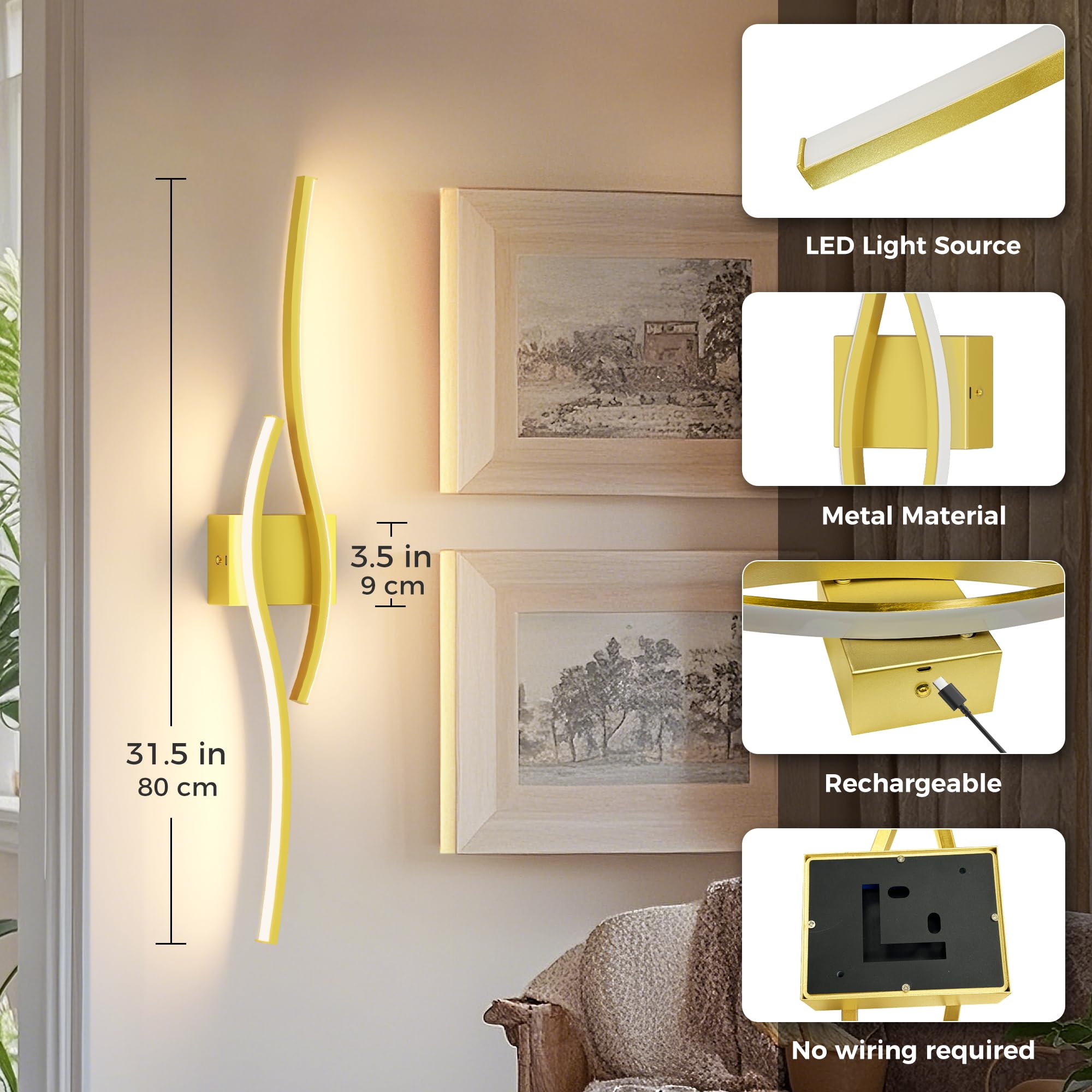L LOHAS LED Wall Sconces Set of 2, Dimmable 3000K, 31.6in, Gold, Battery Operated, Metal, Model 510c4847