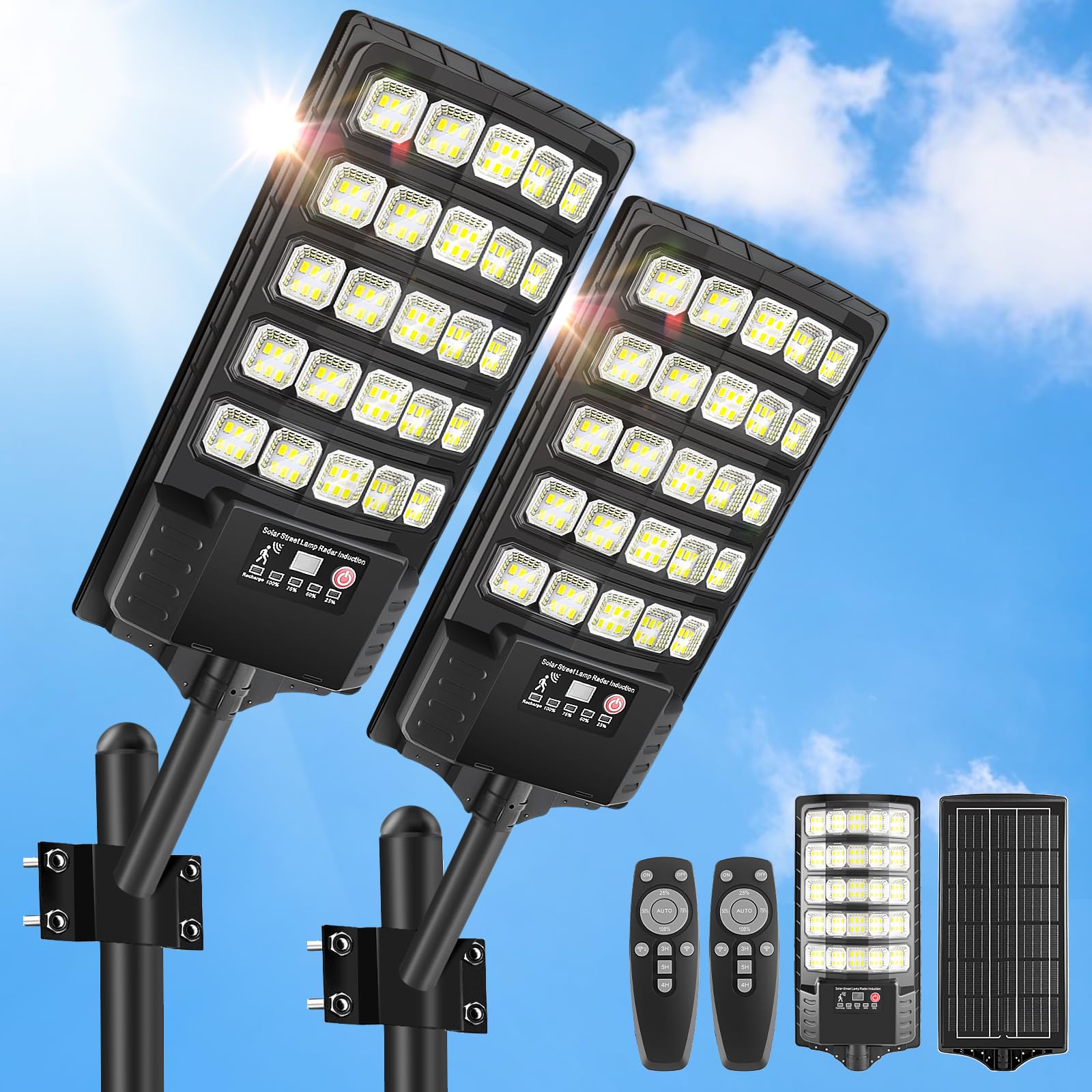 Solar Street Lights Outdoor Waterproof  30000Lm 6500K Motion Sensor Led Flood Lights  Dusk To Dawn Solar Lights With Remote  Solar-Powered Parking Lot Light  Commercial Area Lighting For Outside 2Pack