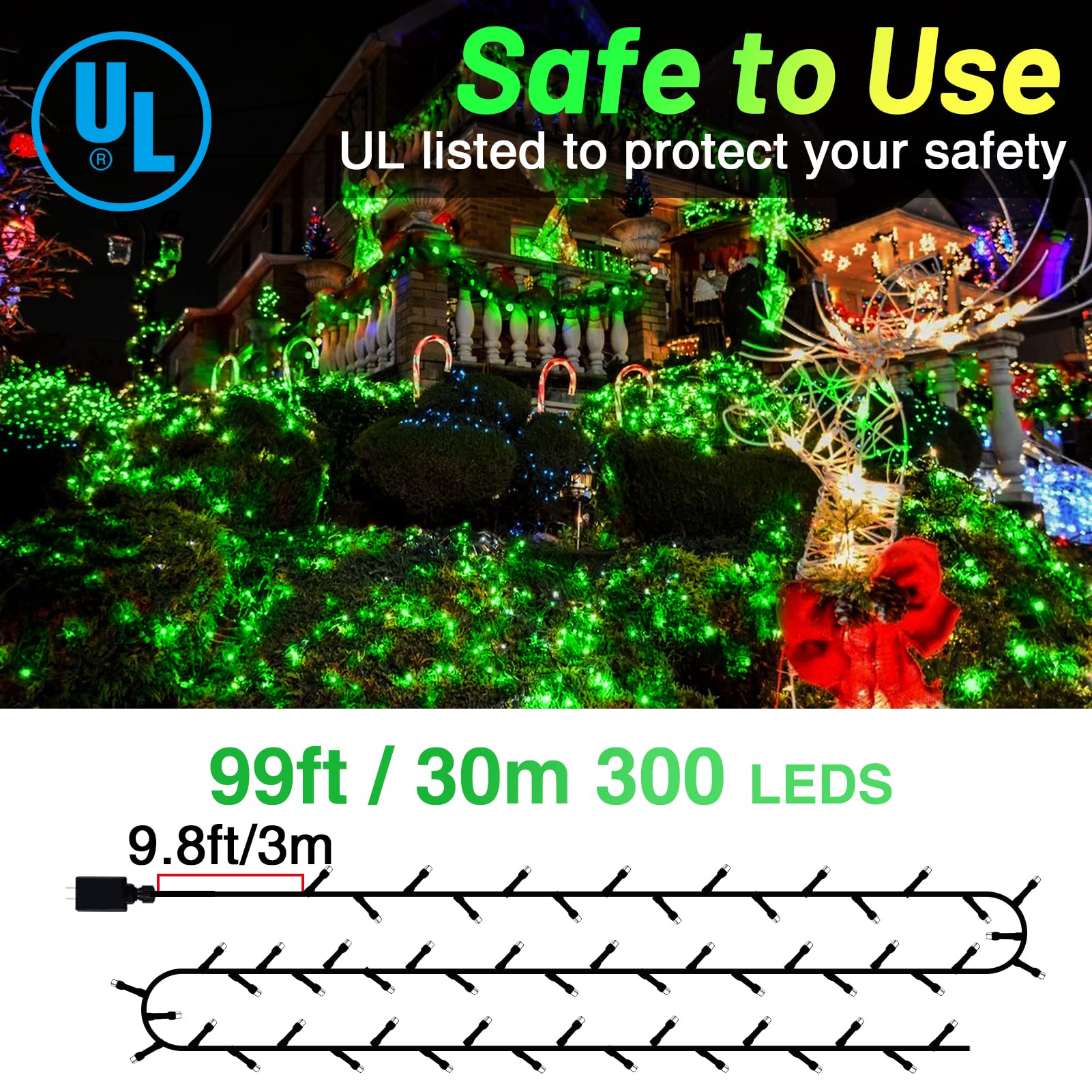 KNONEW 300 LED Outdoor Christmas Lights, 99ft String, Waterproof, 8 Modes, Green, Model 68KN-168LIG-NIU