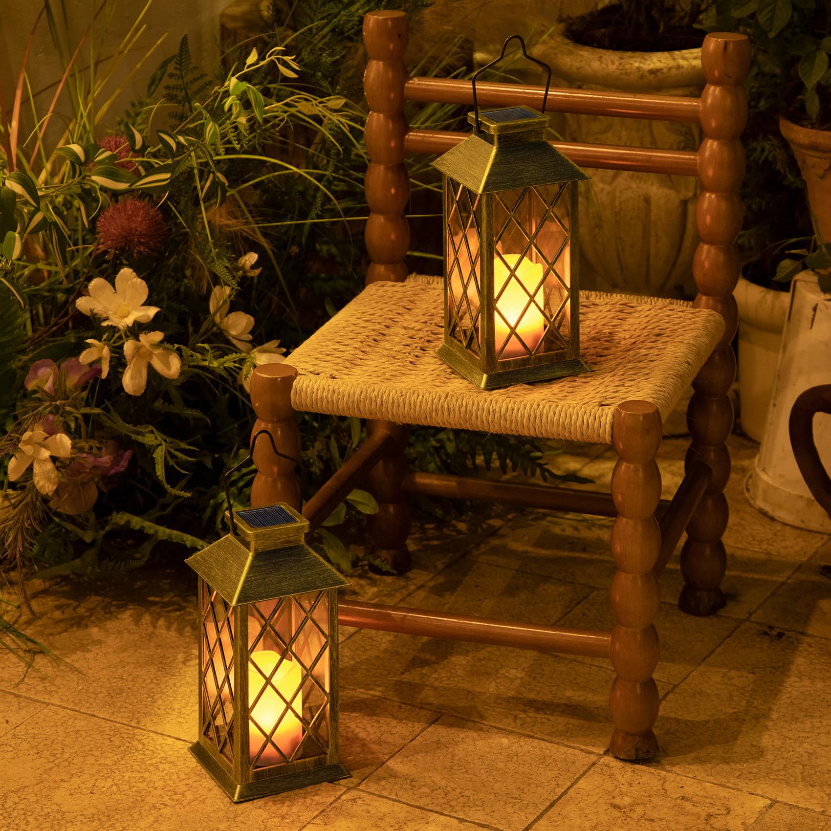 HOMEIMPRO 2Pack Solar Lanterns Waterproof Antique Green Bronze 11in Flickering Candle Lights for Outdoor Garden Patio