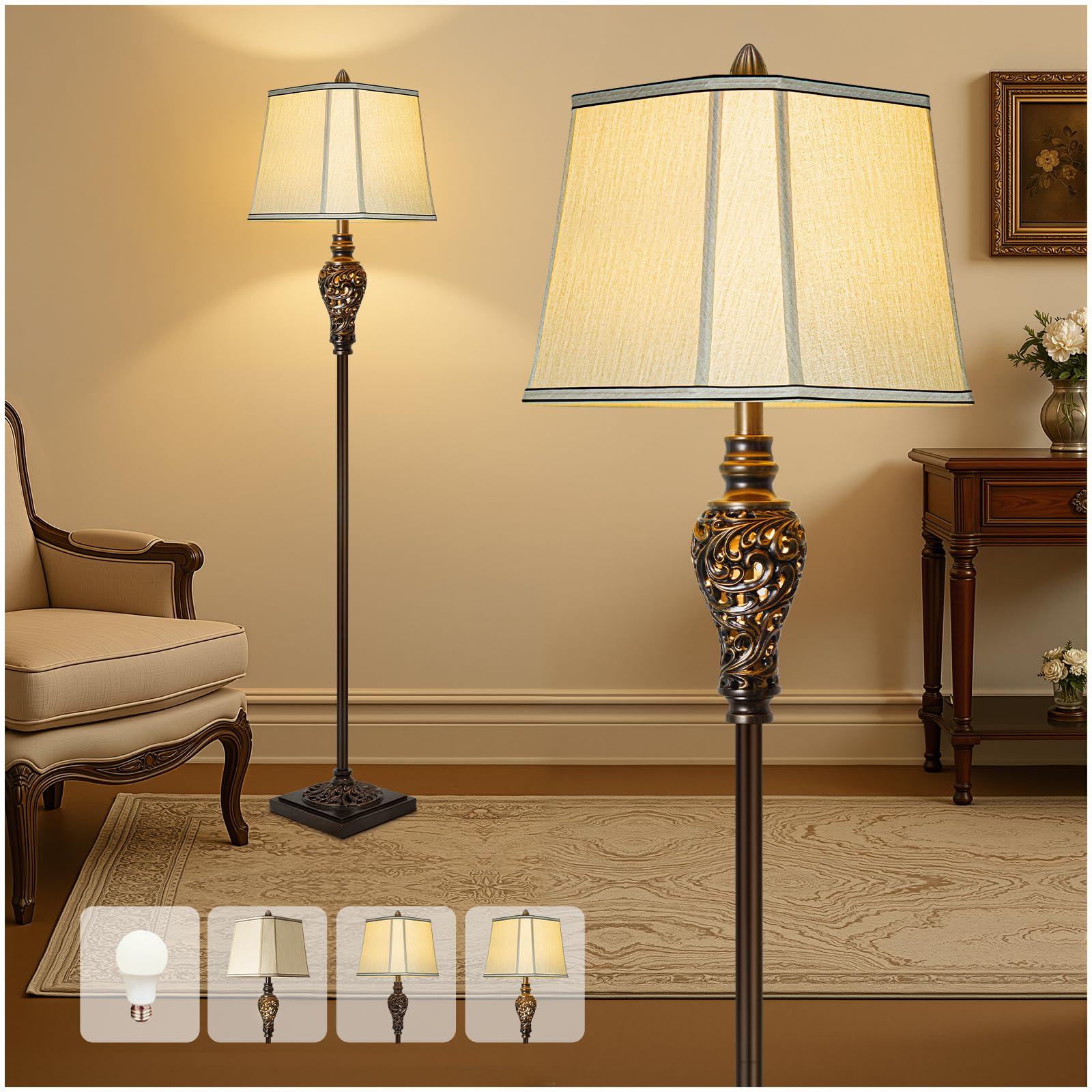 Vintage Floor Lamp With Night Light, 65'' Retro Standing Lamp With Brown Finish And Beige Faux Silk Shade, Farmhouse Industrial 