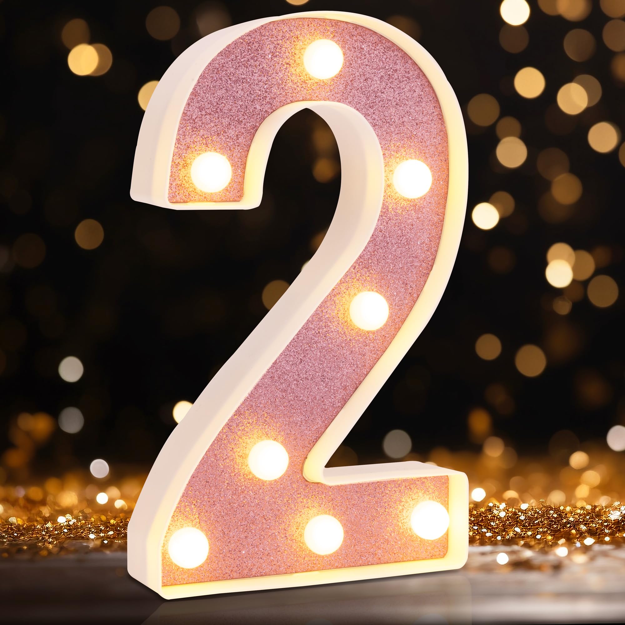 DyingSwan LED Marquee Number 2, 8.58 Inch Pink Glitter Light Up Decor, Battery Powered Plastic Night Light