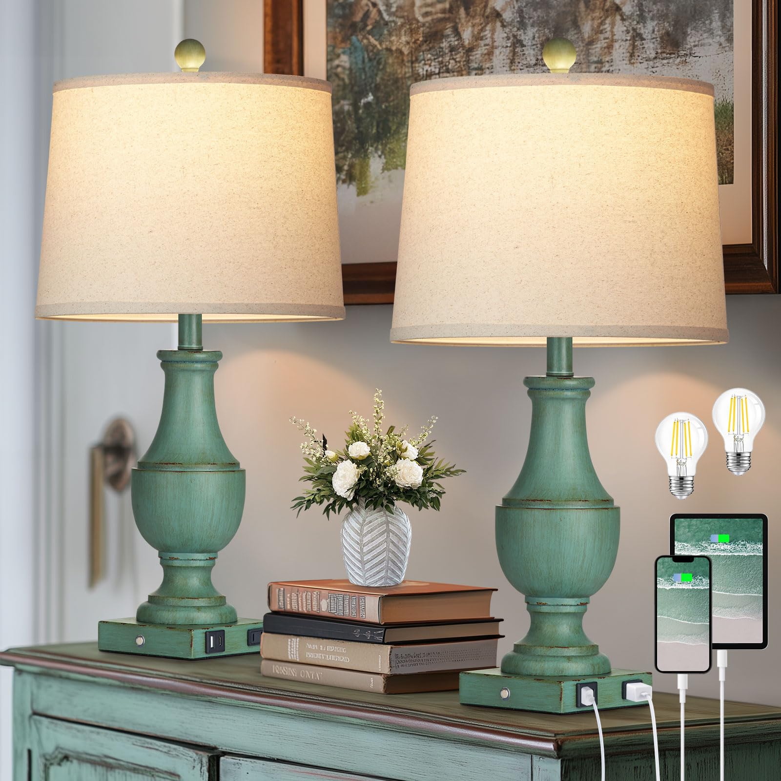 Rinweey Farmhouse Table Lamp Set Of 2, Rustic Touch Control 3-Way Dimmable Lamps With Usb A+C Charging Ports & Ac Outlet, Vintag