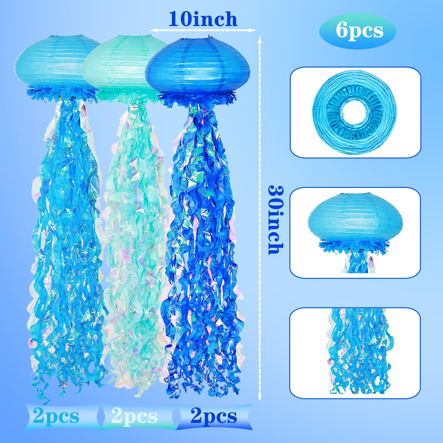 Obxt 10'' Blue Jellyfish Paper Lanterns - Under The Sea Birthday & Mermaid Party Decorations, Ocean And Beach Theme Indoor Outdo