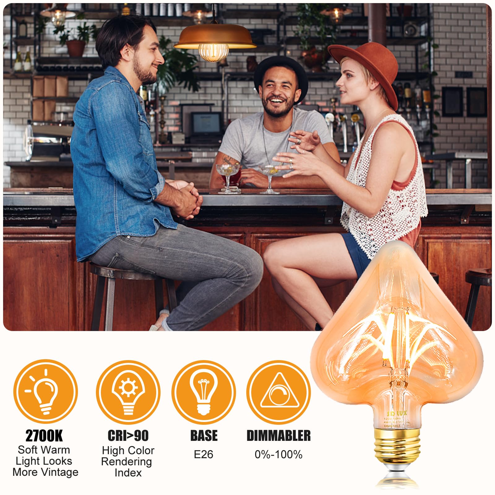 Sd Lux Decorative Light Bulbs Vintage Led Edison Bulb 4W 400Lm (40W Equivalent) Dimmable Cri>90 Medium Base E26 Warm White 2700K