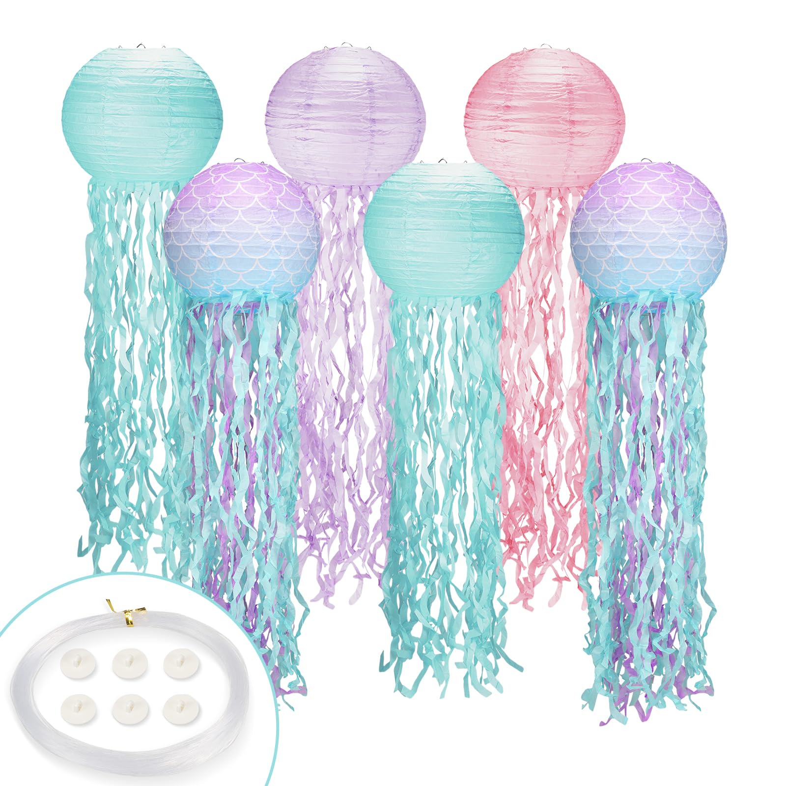 Jellyfish Paper Lanterns 6Pack,8 Inch Mermaid Birthday Decorations Pink Lavender Blue Mermaid Scales with String and Hooks,Hangi
