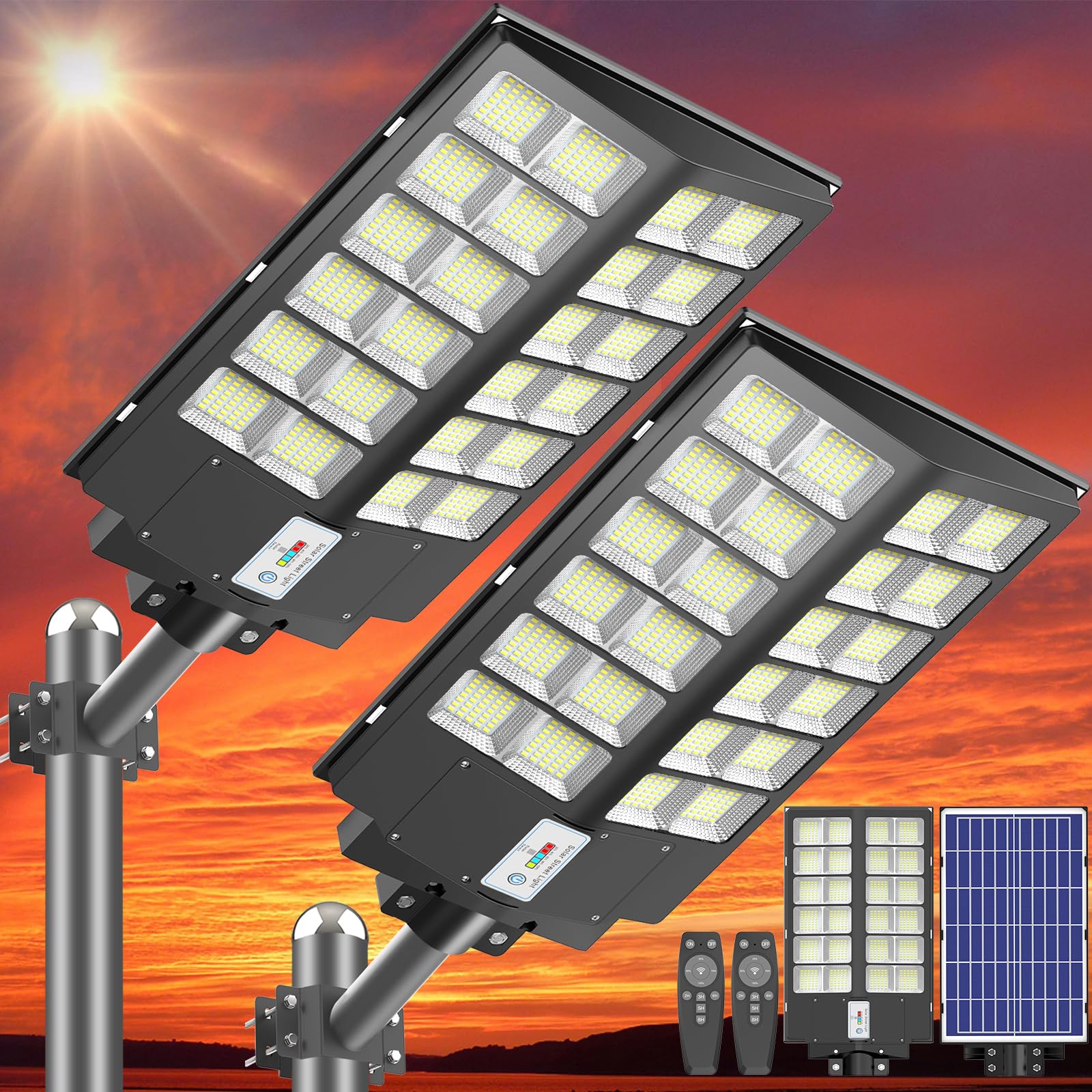 Deepn Solar Street Light 4800W, 360000 Lumens Ip66 Waterproof Dusk To Dawn, Led Solar Flood Light Motion Sensor, Solar Parking Lot Lights Commercial With Remote Control For Outside, Backyard, 2 Pack
