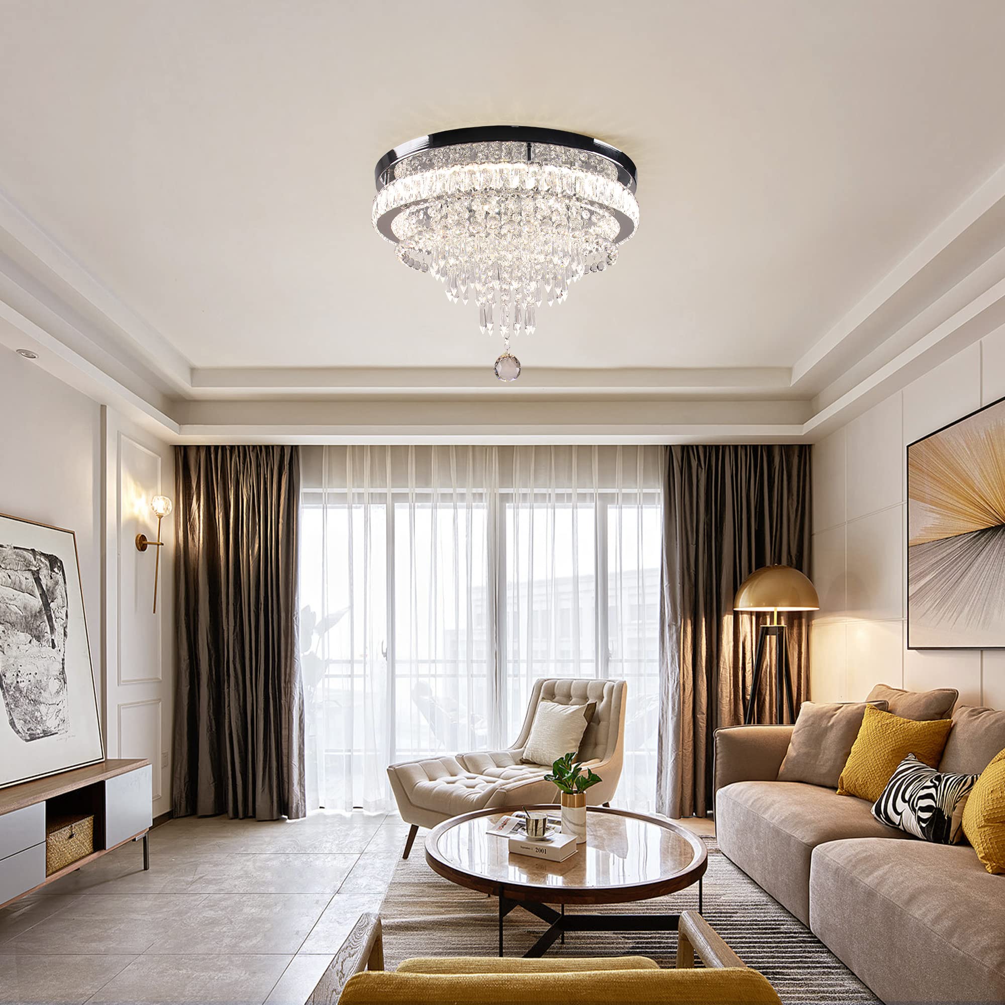 FRIXCHUR Modern Crystal Chandelier, 19.7" Dimmable LED Ceiling Light, Stainless Steel, Remote Control for Bedroom & Living Room, Model MC096