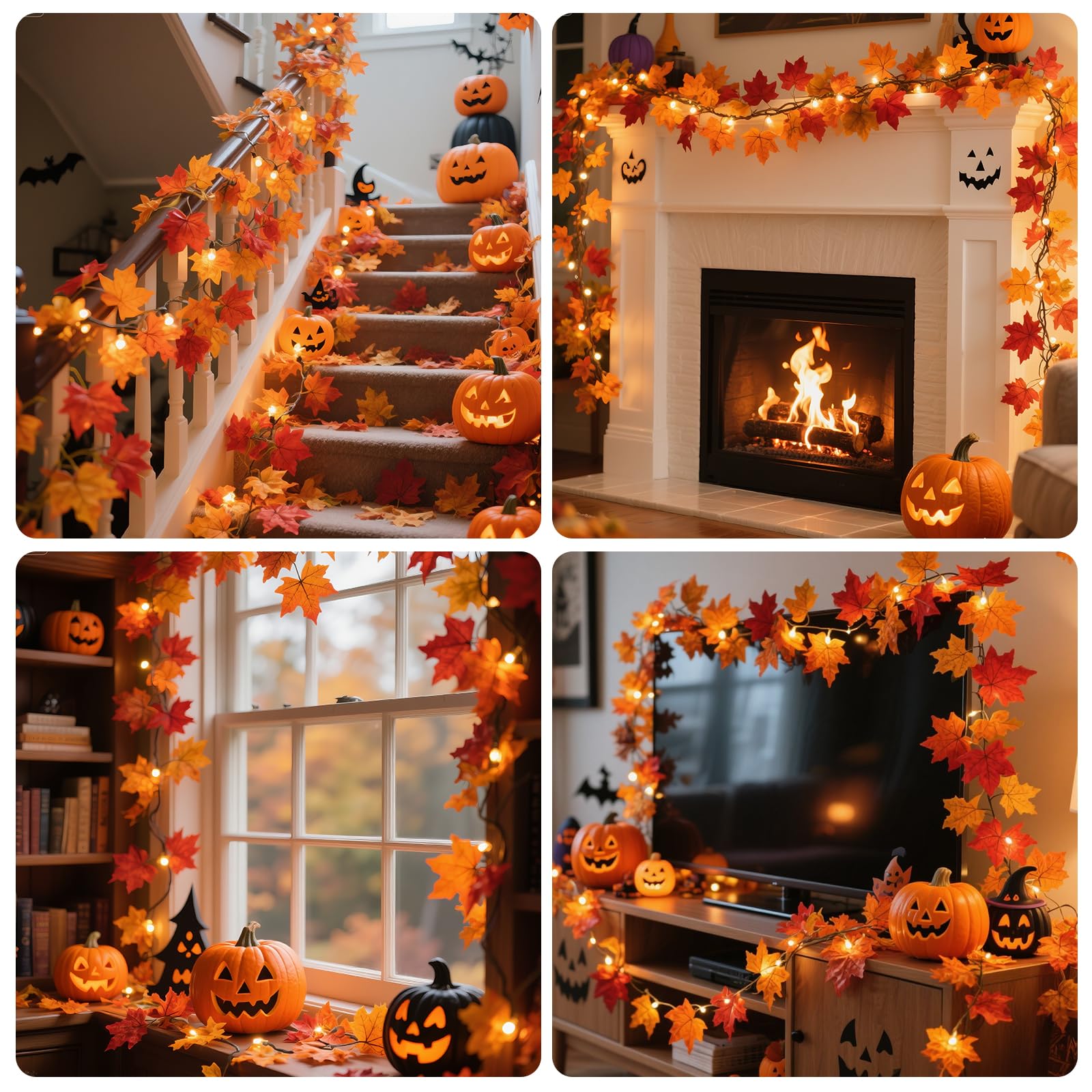 Wabarle Fall Garland with Lights, 10FT Orange Bulbs, Battery Operated, Plastic Leaves, Indoor/Outdoor Thanksgiving Decor