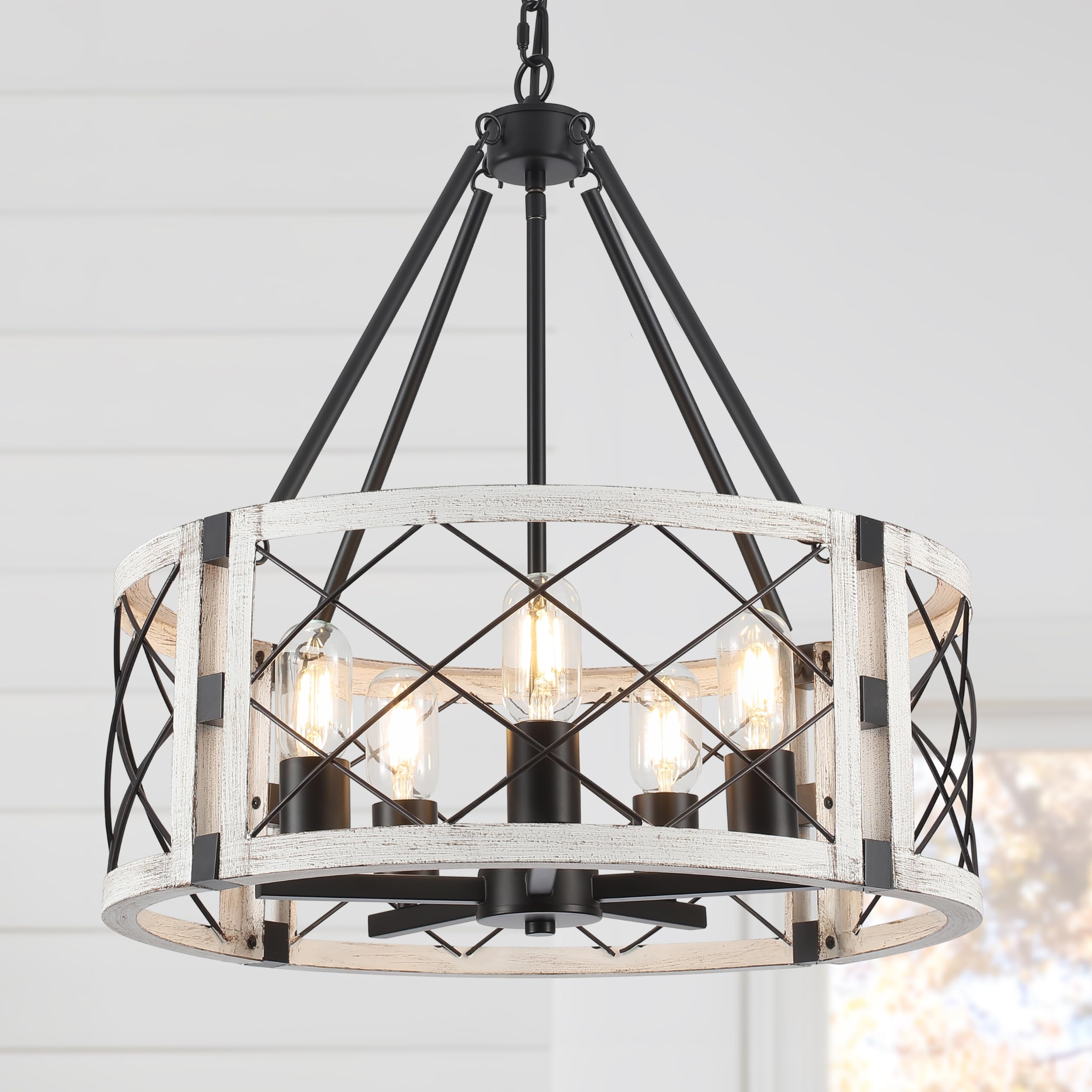 CWarmozy 5-Light Farmhouse Chandelier 19.8'' White Rustic Chandelier for Dining Room Adjustable Pendant Light Fixture for Kitche