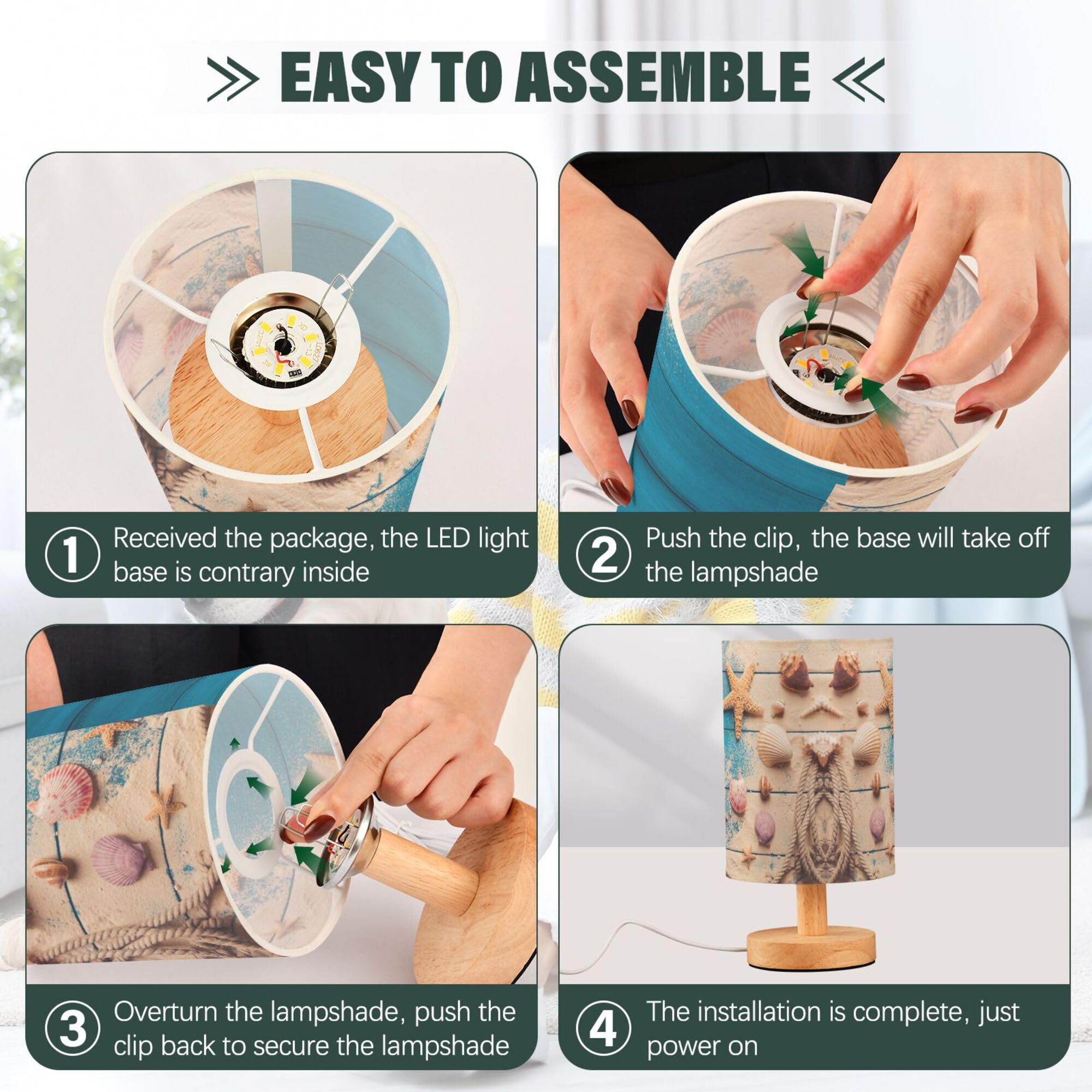 Yyzzh Table Lamp Summer Seashell Starfish Rope Sand On Blue Wood Nightstand Lamp With Wood Base Fabric Lamp Shade Bedside Desk L