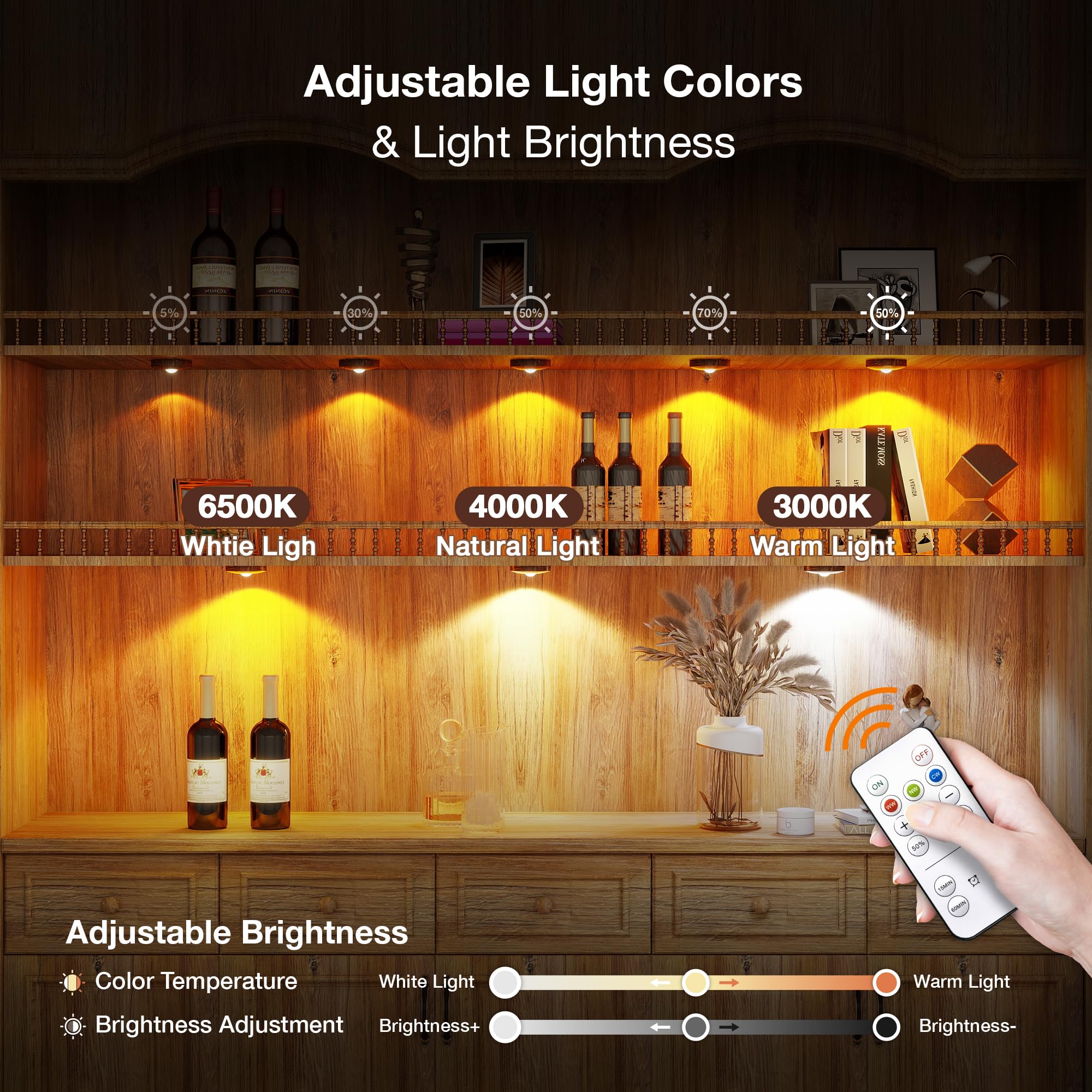 UNUSROOM Rechargeable Puck Lights with Remote Control - 2000mAh Battery, Dimmable, LED Under Cabinet Lighting, Dark Wood, Model T065