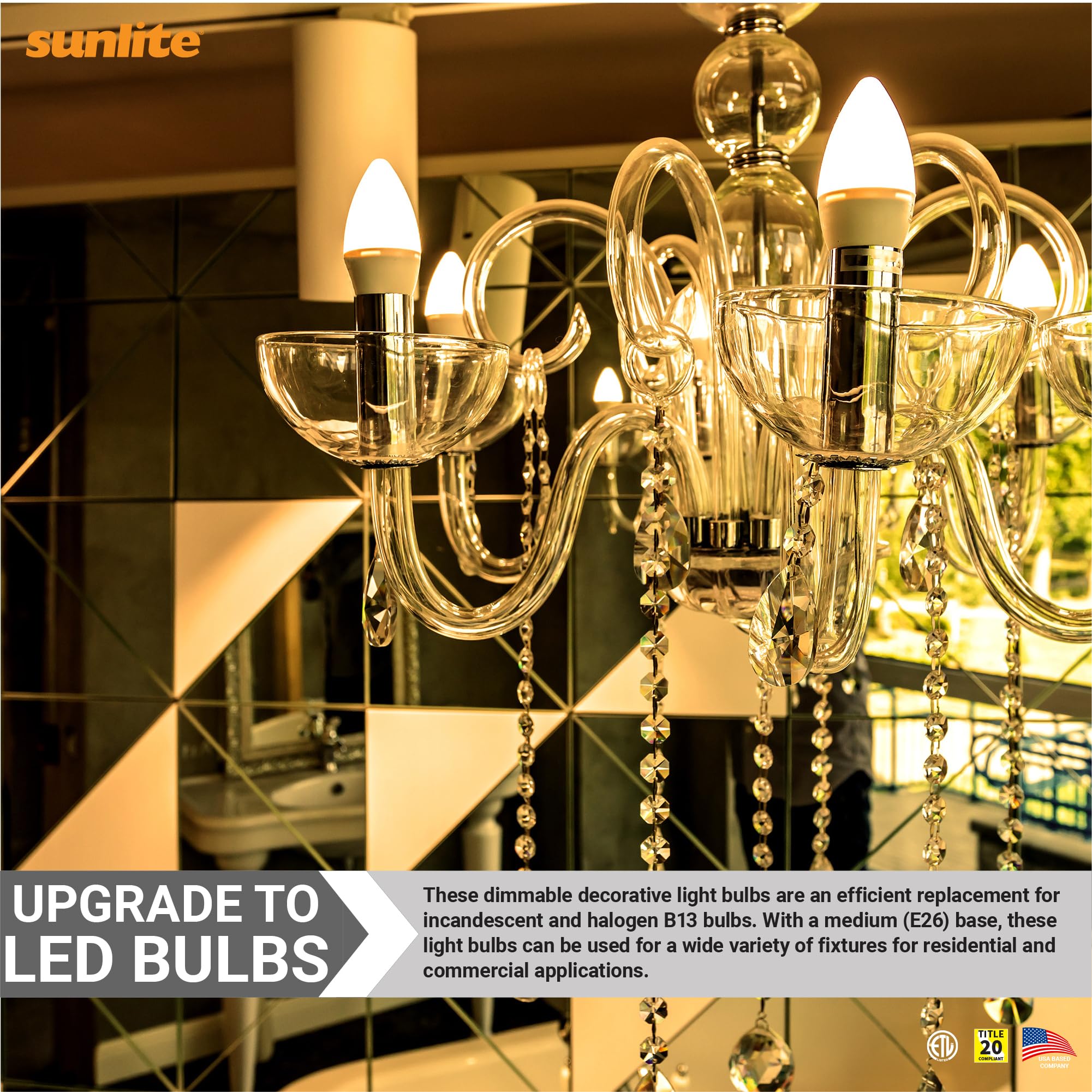 Sunlite Led B13 Torpedo Decorative Chandelier Light Bulb, 7 Watts (60W=), 500 Lmns, 120 Volts, Dimmable, E26 Base, 90 Cri, Etl L