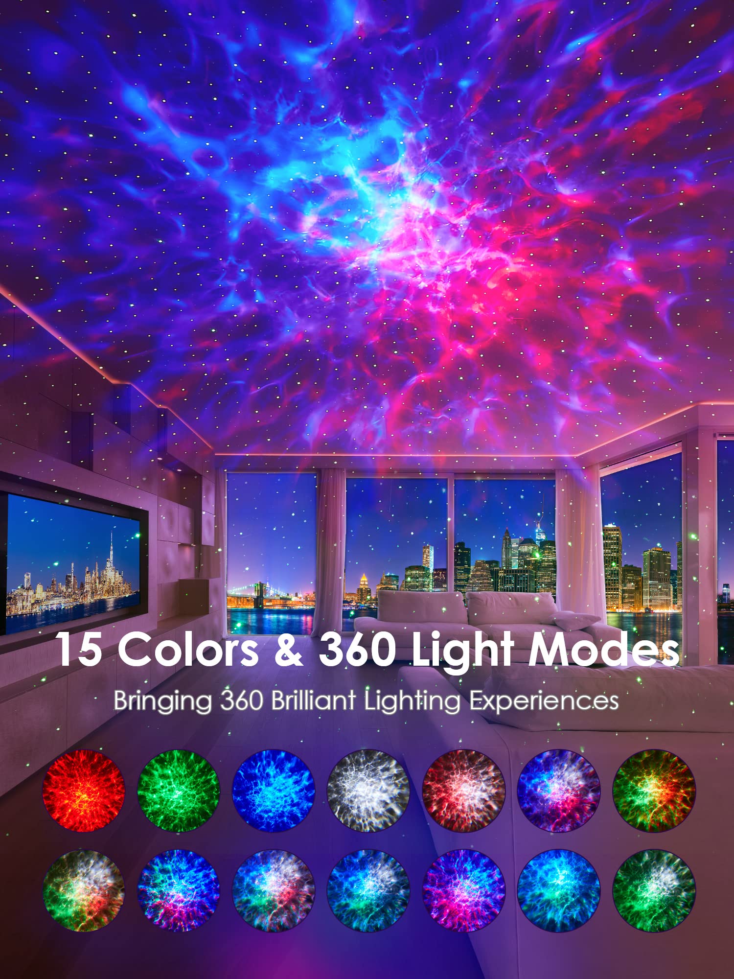 ?Gift Package & Birthday Gift? 15 Colors/ 360 Lighting Modes /15 White Noise/Bluetooth Speaker Galaxy Projector Nebula Projector