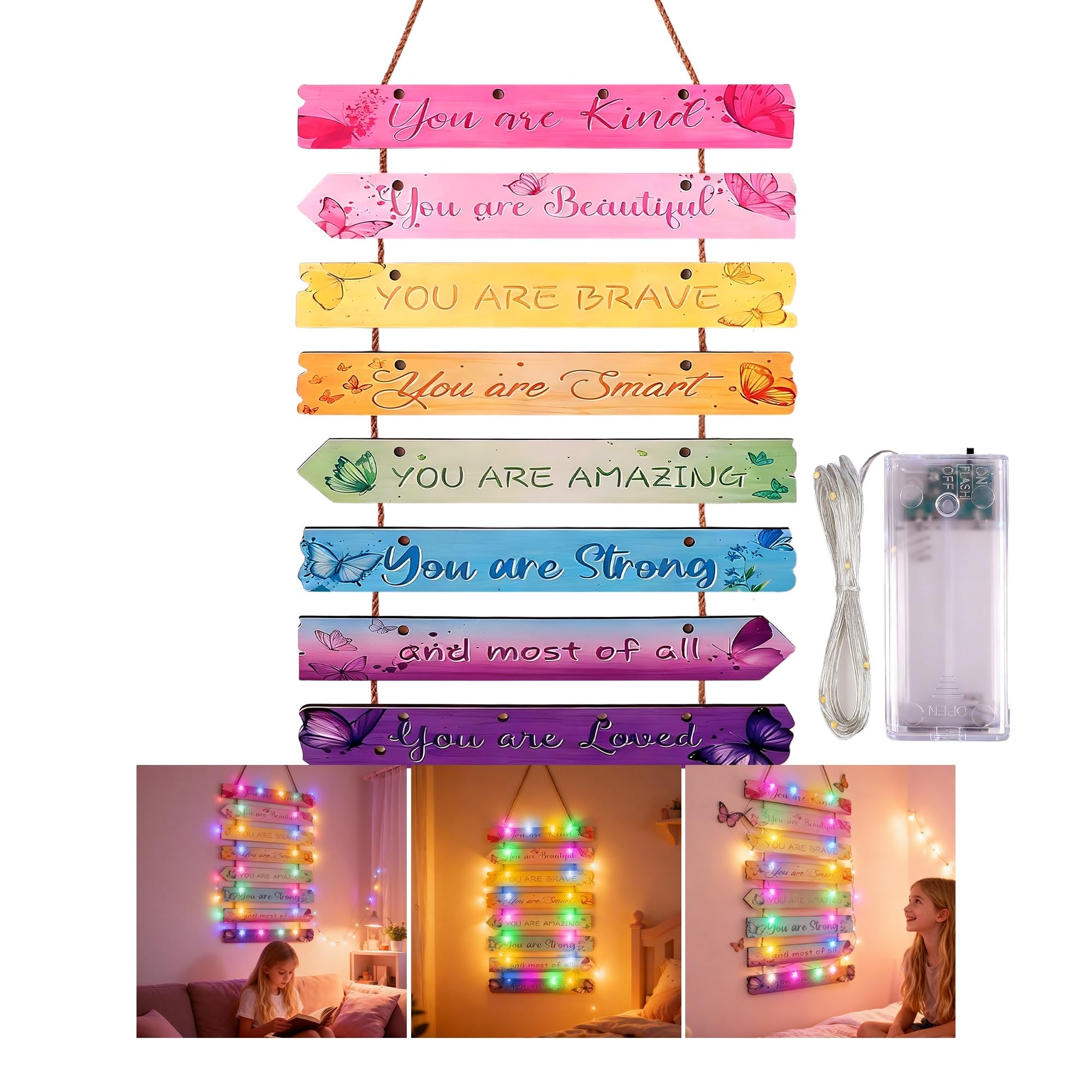 Dorblely Girl Room Decor with LED Light, Inspirational Room Decor for Teen Girls Wooden Butterfly Wall Decors for Girls Bedroom 