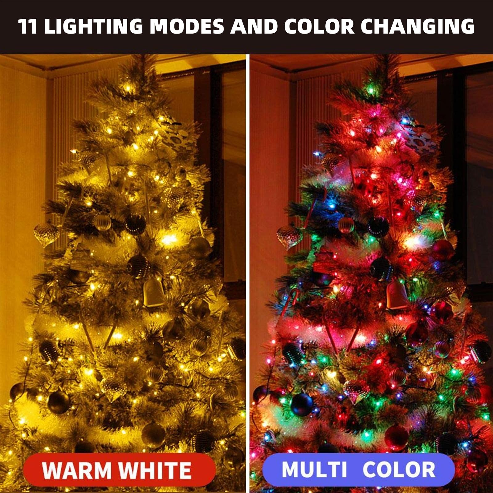 Chuya 300LED Dual Color Christmas Tree Lights, 105ft Warm White & Multicolor, Copper, Model QL300AE, 11 Modes, Indoor/Outdoor