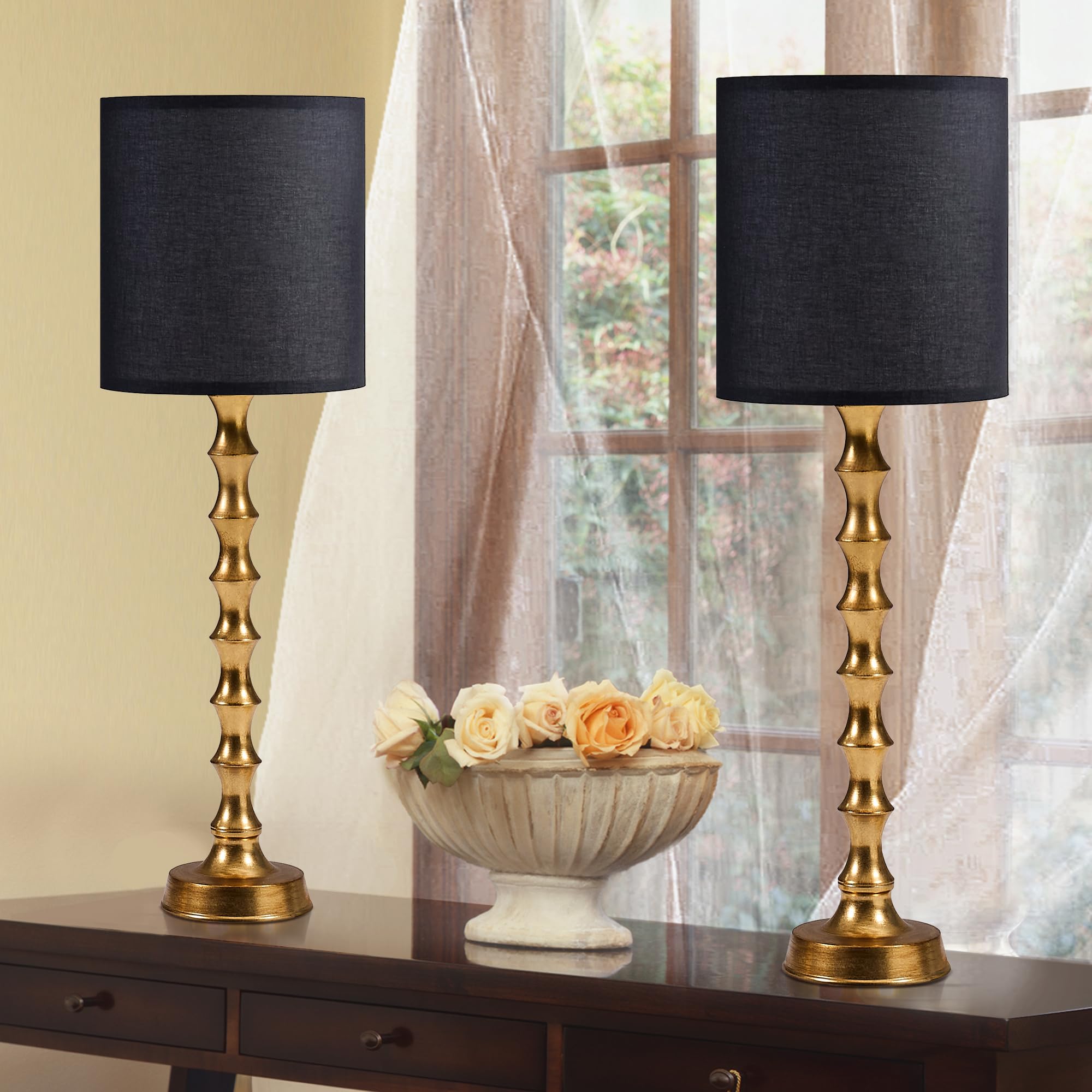 Euo 30.5" Gold Buffet Lamps Set Of 2 With Black Shade, Buffet Table Lamps Set Of 2 For Living Room, Black Gold Lamps For Dining Room, Gold Bamboo Lamps For Credenza, Black/Gold