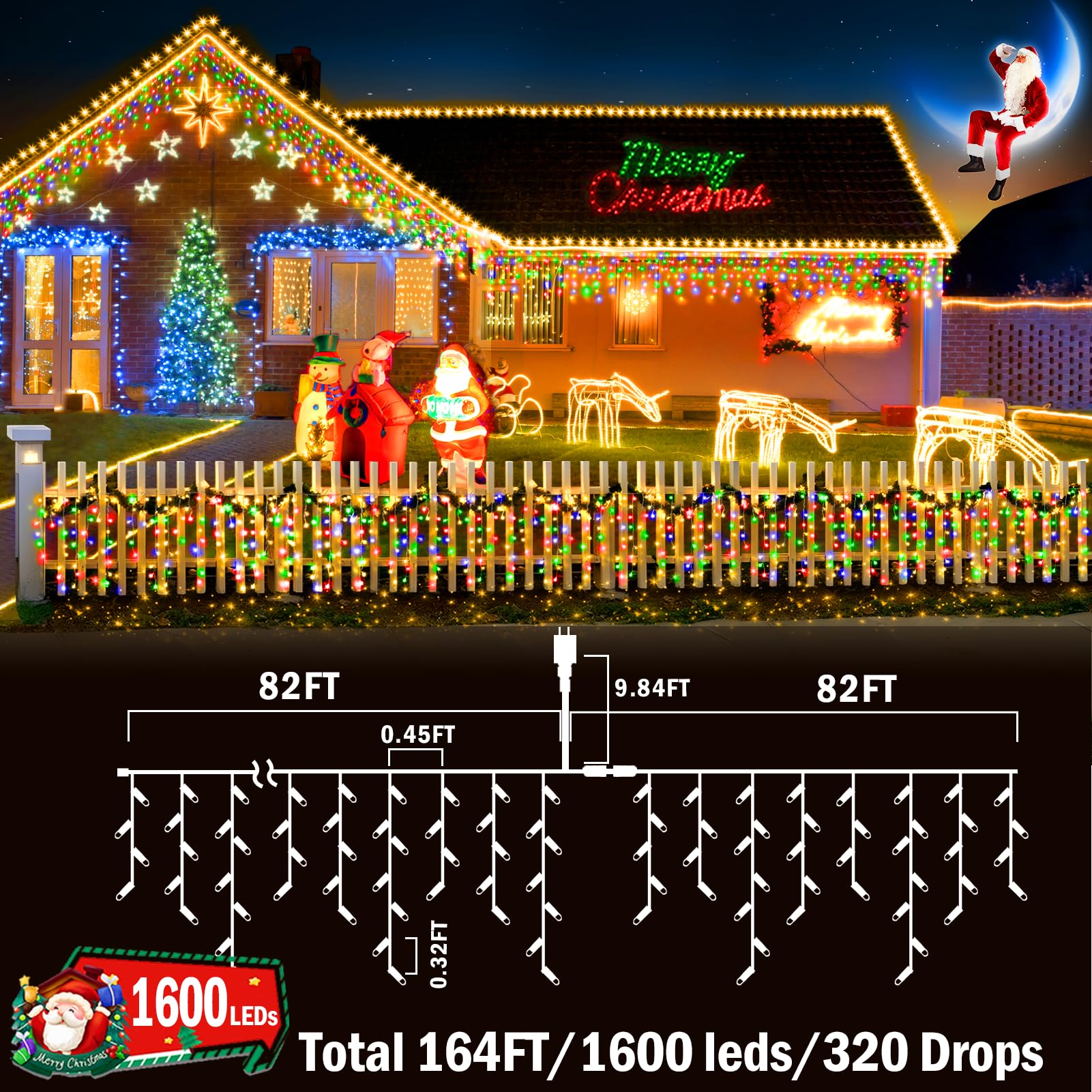 KNONEW LED Christmas Lights Multicolor 164FT 1600LED Waterproof 8 Modes Fairy String Lights Model KN-1000-LIG168-01
