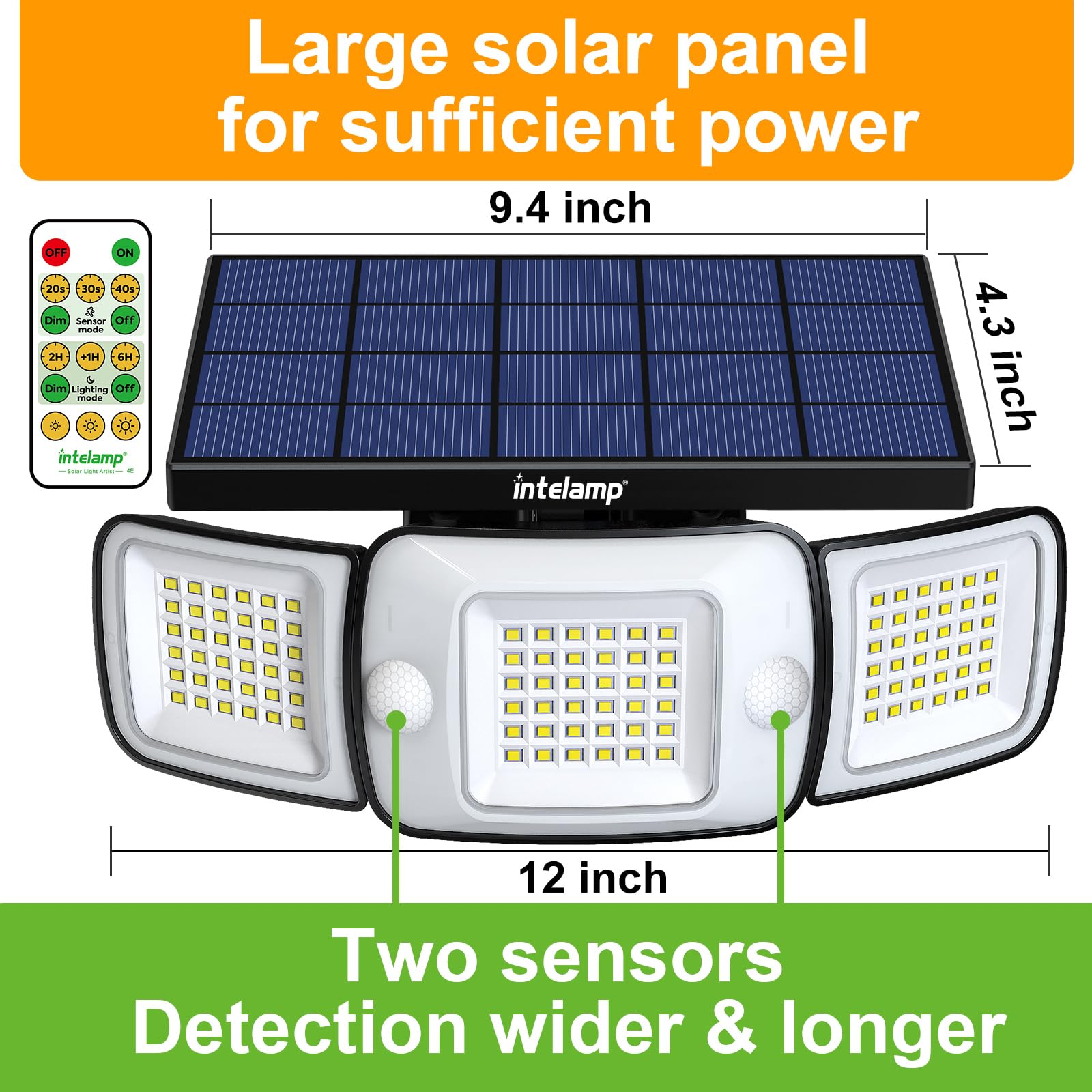 intelamp Solar Flood Light - 6000mAh, 1200LM, Dual Motion Sensor, Warm Light, Waterproof, Black, Model YL002-12C