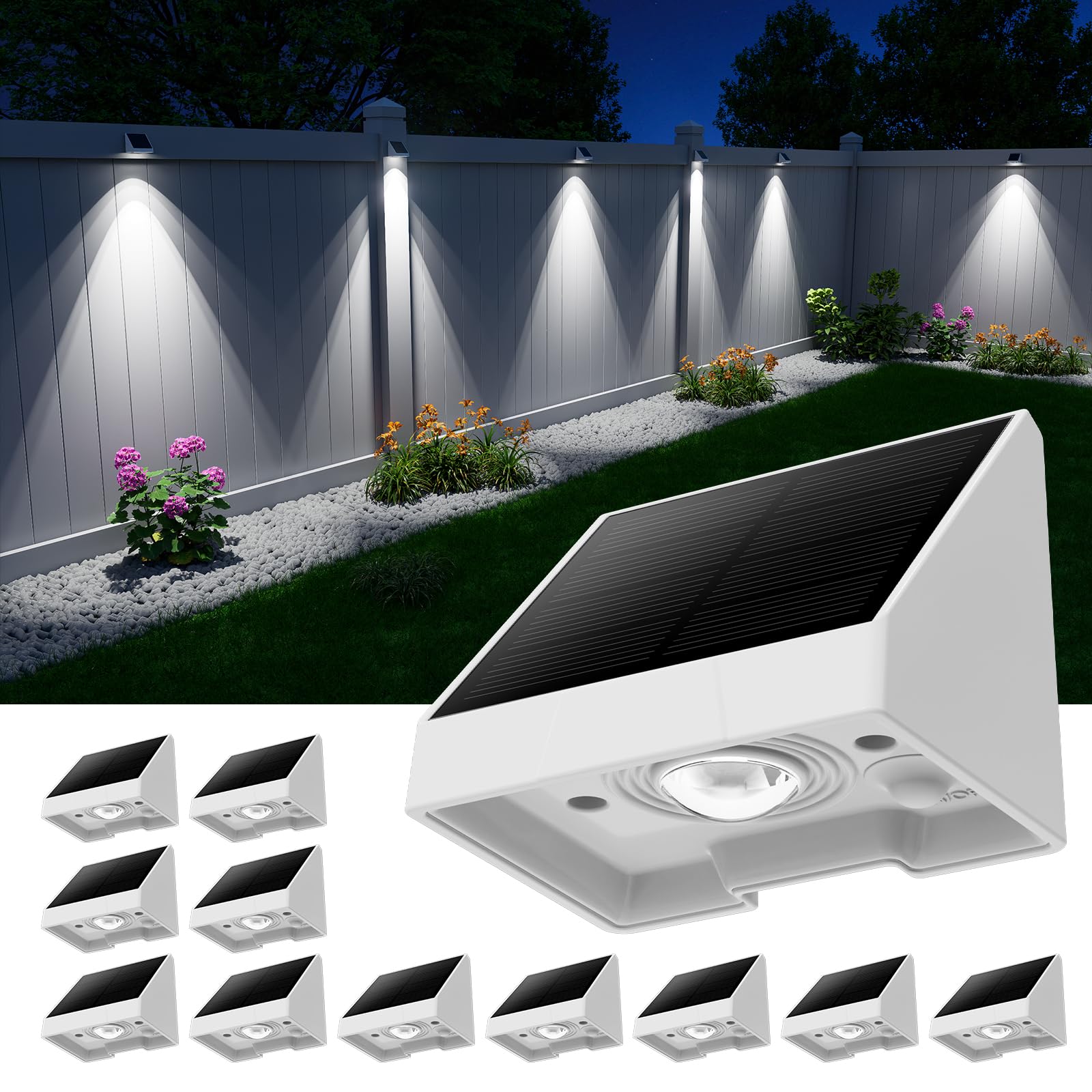 GVSHINE 12 Pack Decorative Solar Fence Lights Waterproof Cool White LED Plastic Outdoor Lighting Model WS0622-CW-12