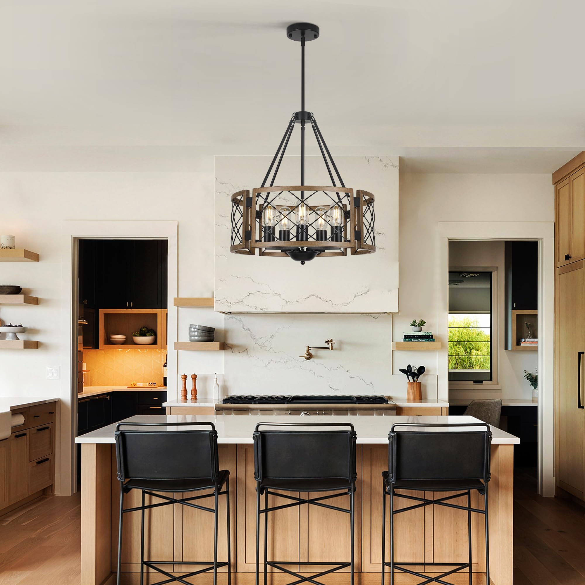 Sigaitwei 5-Light Brown Farmhouse Chandelier, 18.9in Adjustable Pendant Light for Dining Room, Kitchen, Entryway, Model 11c0b454