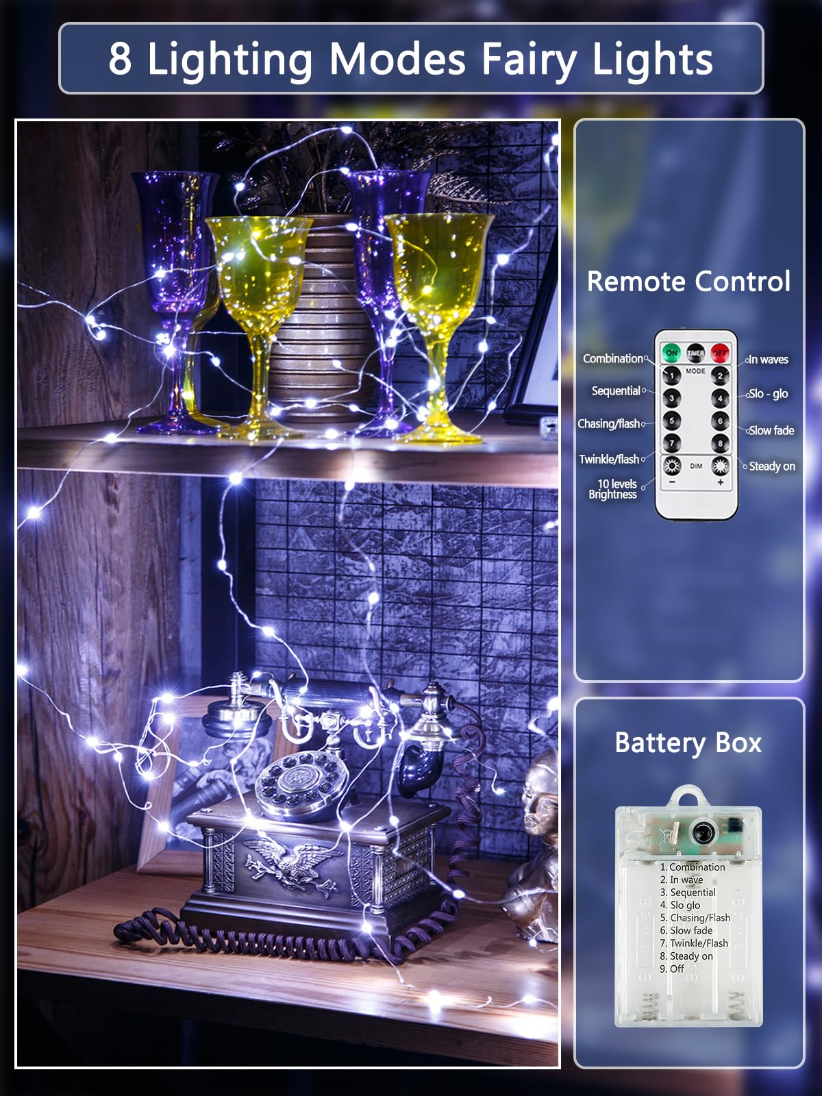 YIQU 6 Pack Fairy Lights, 80 LED String Lights, Battery Operated with Remote Control Timer, Cool White, 26 FT