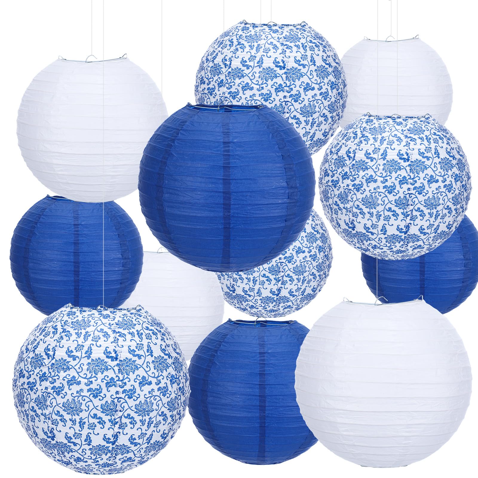 Riakrum 18 Pcs Chinoiserie Paper Lantern Set 10'' 8'' Blue And White Porcelain Print Round Lantern Chinese Japanese Hanging Pape