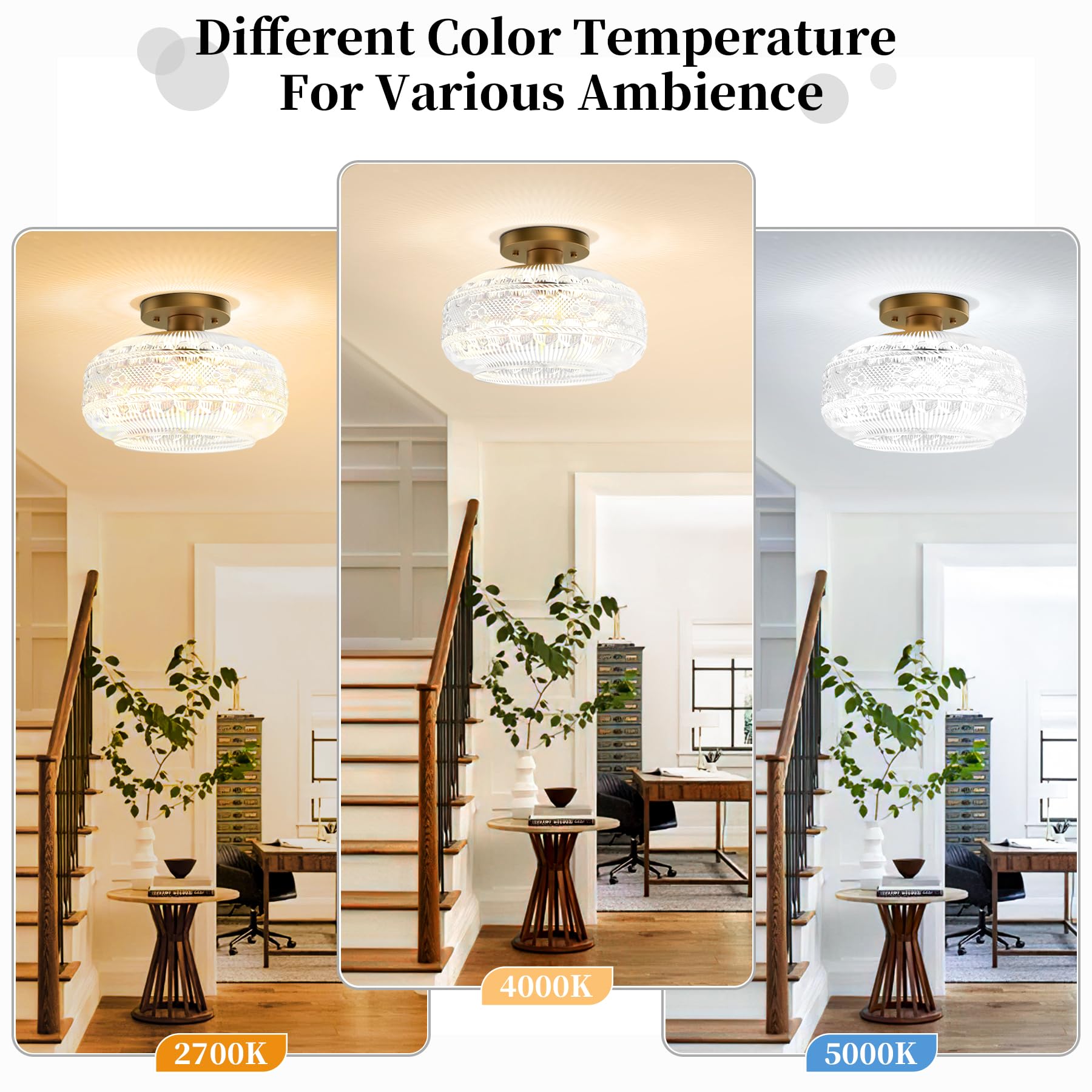 Apoto 11'' Large Semi Flush Mount Ceiling Light Fixture,Gold Globe Glass Light Fixtures Ceiling Mount,Vintage Hallway Light Fixt