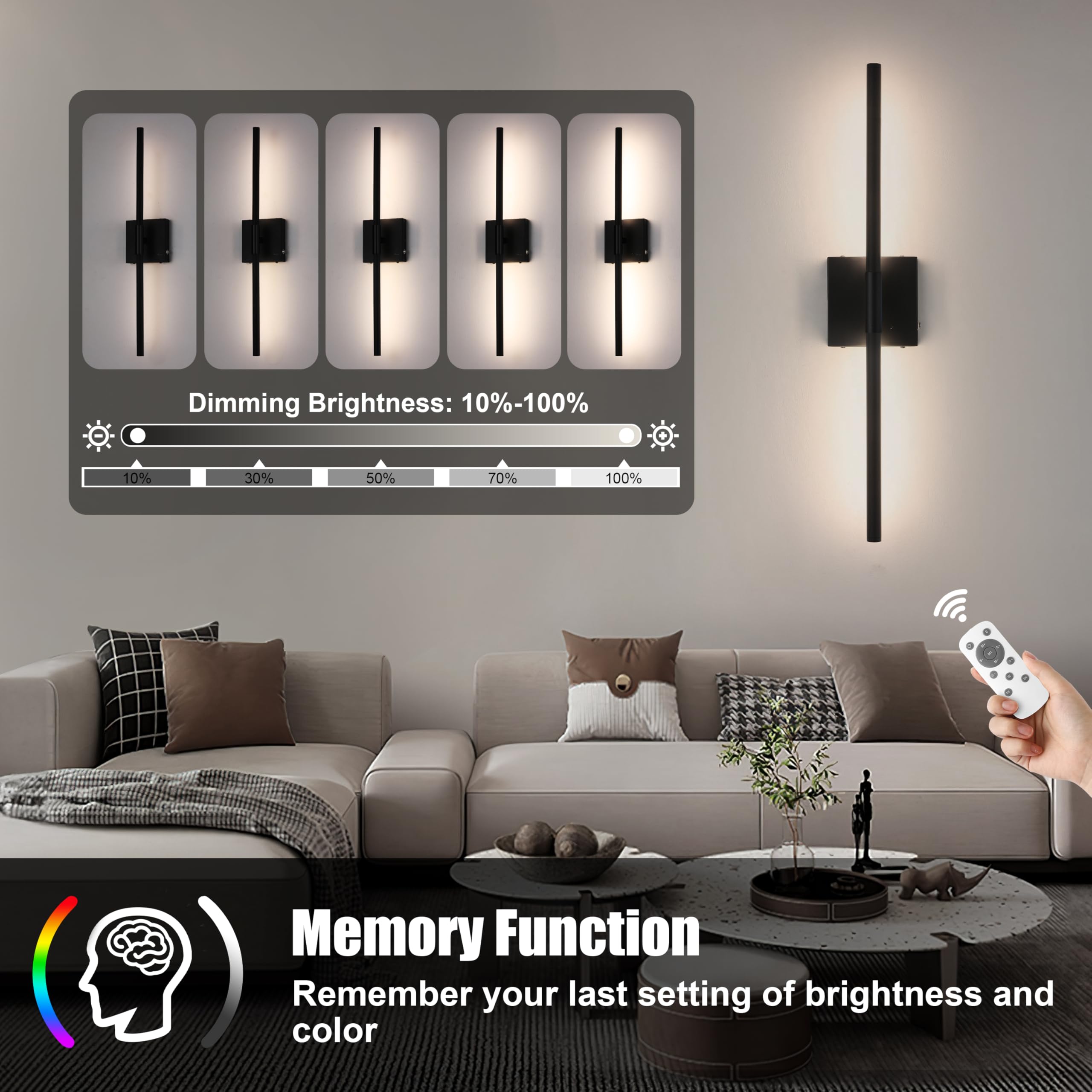 Morauroral RGB Lighting Wall Sconces, Dimmable Rechargeable, 24" Black LED, Set of 2, Modern Wireless Lights for Bedroom & Living Room