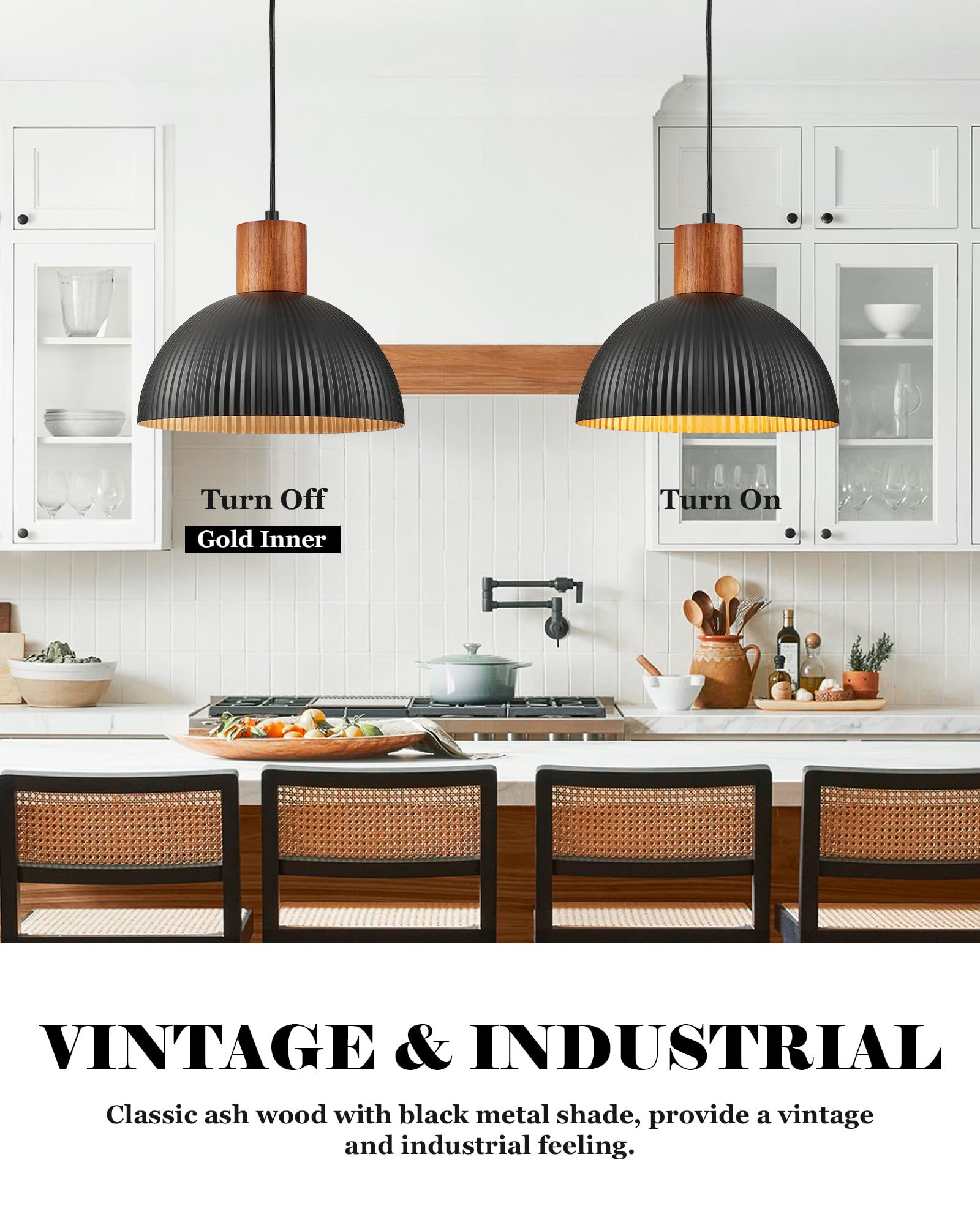 ELYONA 12" Modern Ash Wood Dome Pendant Light, Black Metal Shade & Gold Inner Finish, Retro Style for Kitchen, Dining, Living Room