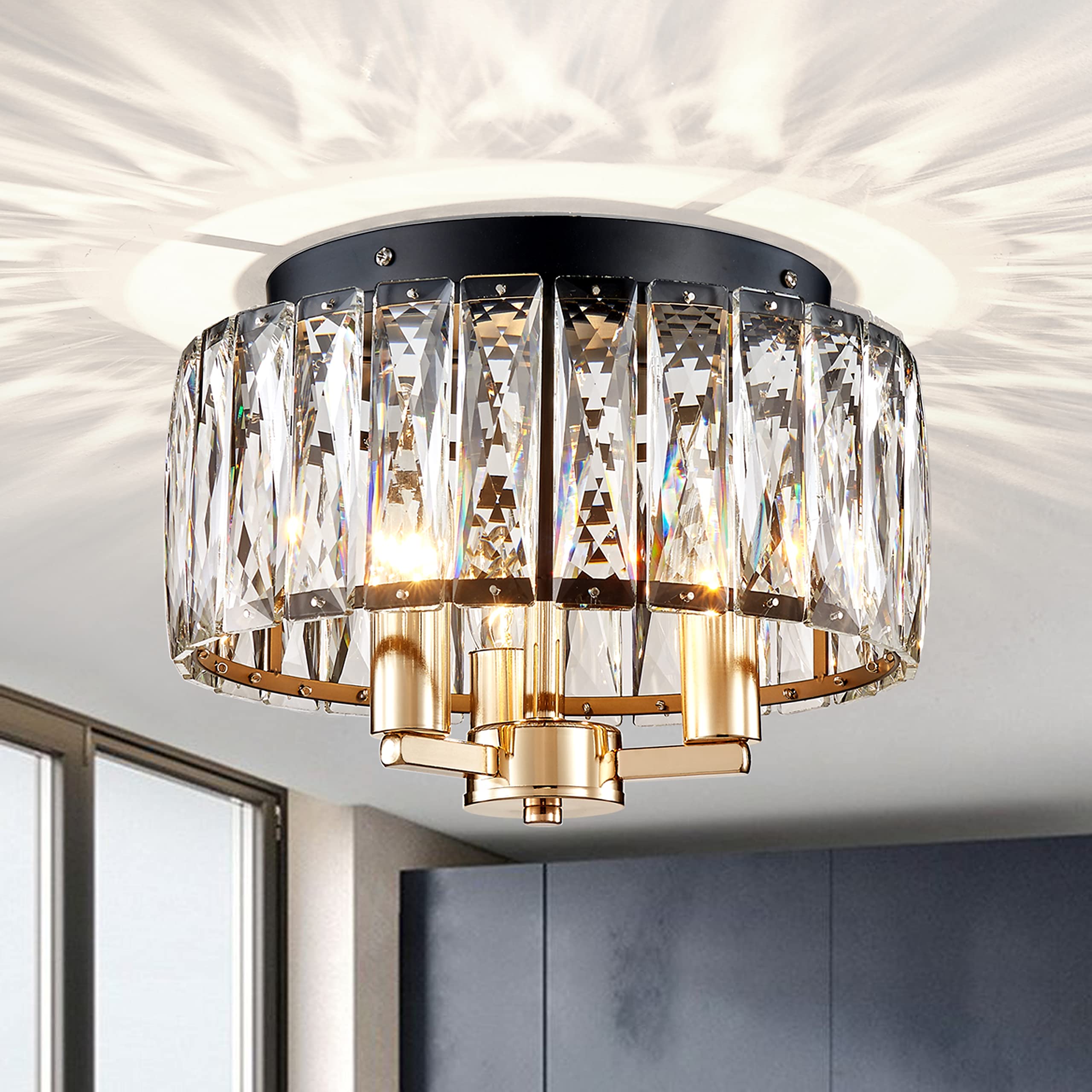 AGV LIGHTING CL002BB Crystal Flush Mount Ceiling Light Fixture, E12 Base 3-Lights, D13 x H15, Shine Gold & Matte Black Finish