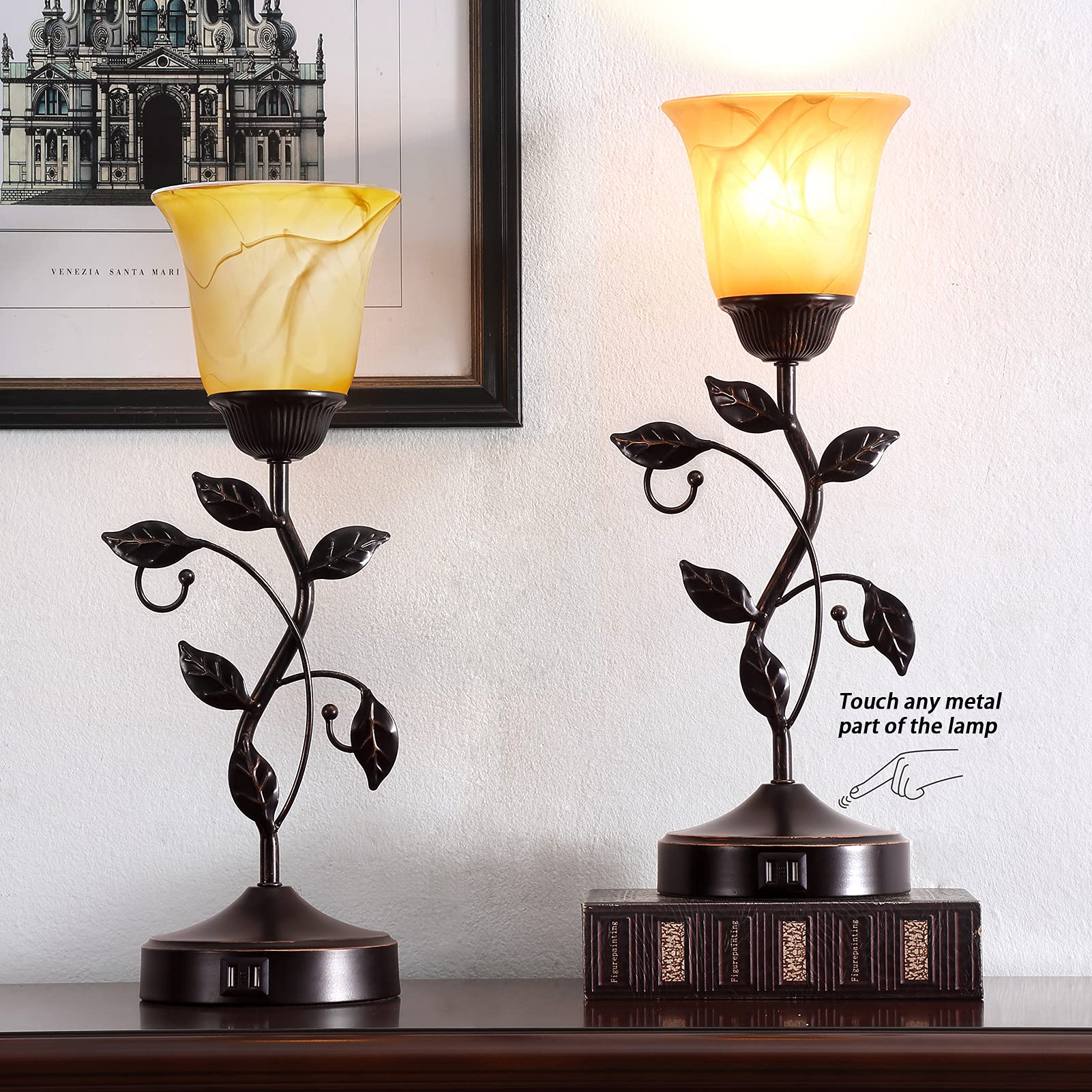 RORIANO Touch Control Table Lamp, 3-Way Dimmable, Vintage Bronze with Amber Glass Shade, Includes LED Bulb, Model TT-8832-MM