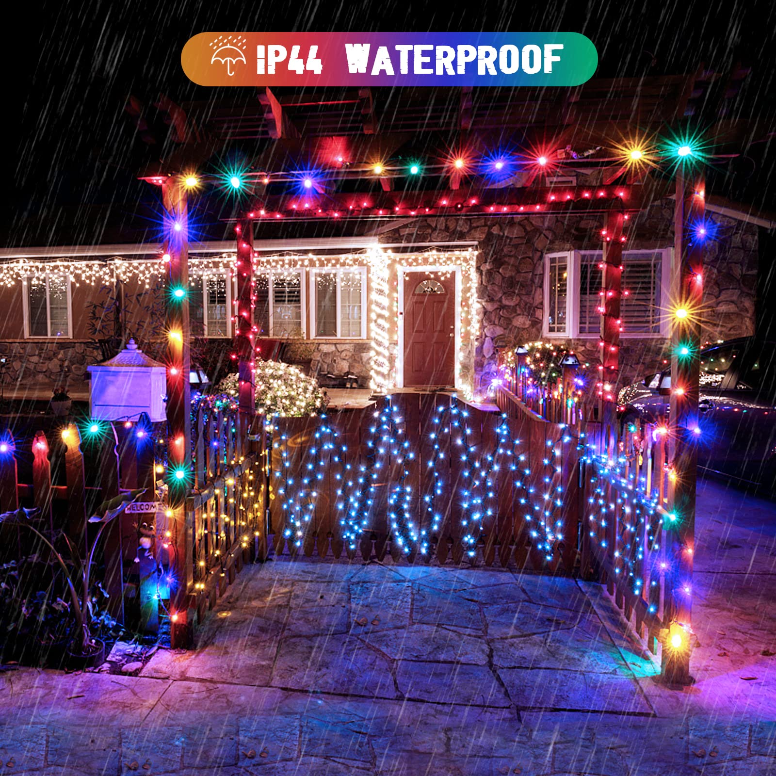 JMEXSUSS Solar String Lights, 200 LED, 75.5ft, Color Changing, Waterproof, Remote Control, White to Multicolor, 2 Pack