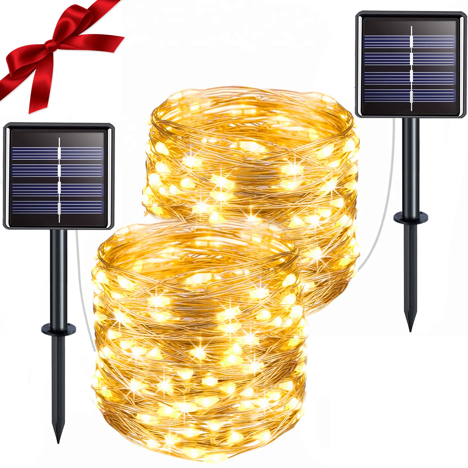 Suddus Solar String Lights For Outside, 2 Pack Total 66Ft 200 Led Solar Fairy Lights Outdoor Waterproof, 8 Modes Twinkle Lights