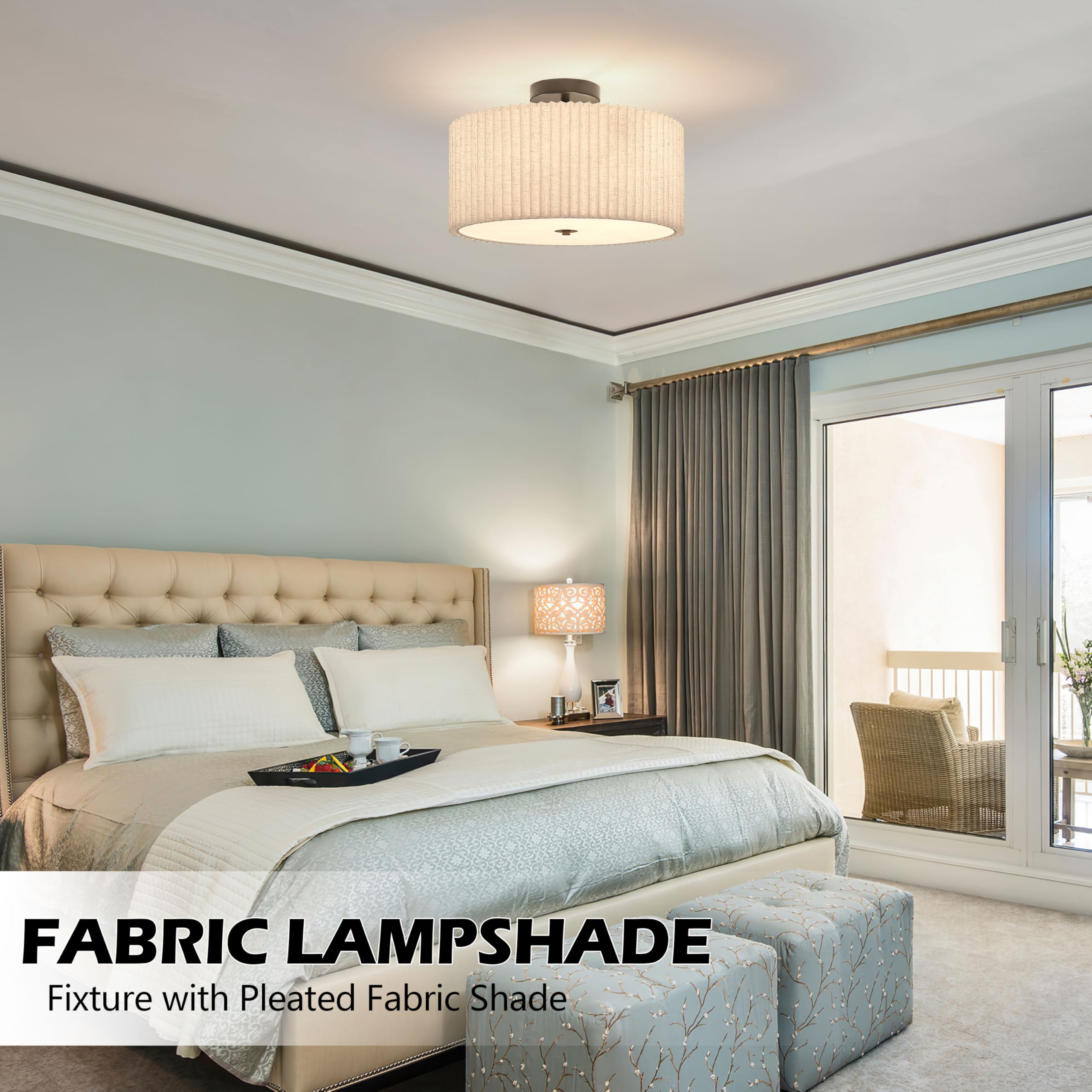 Bagood 3 Light Semi Flush Mount Ceiling Light Fixture 15.7 Inch Drum Light Fixture Drum Ceiling Light With Pleated Fabric Shade