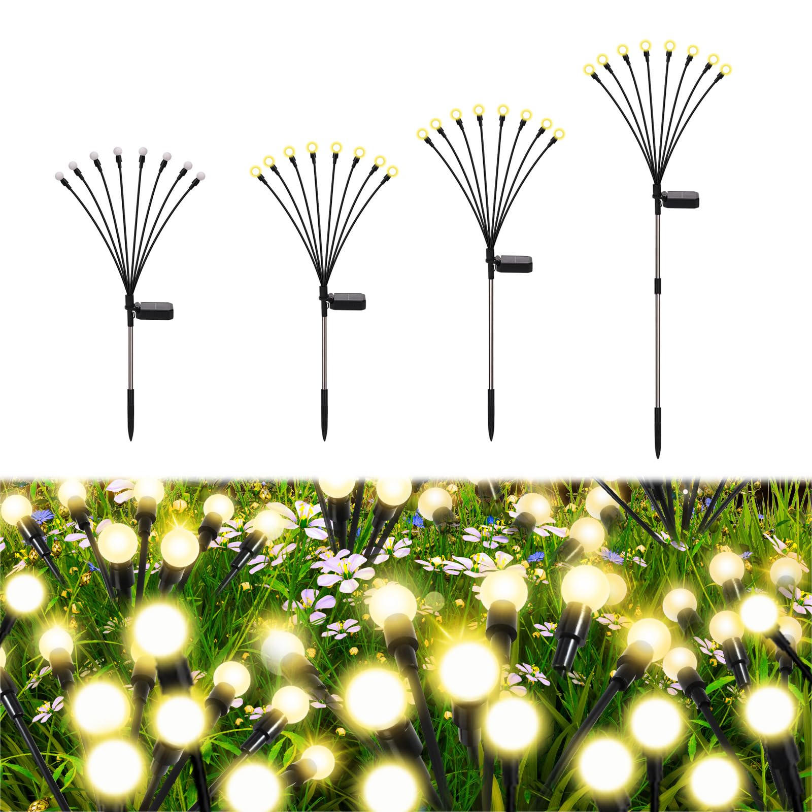 Galavasen Solar Firefly Lights, 8 Modes, Waterproof, Warm White, 4 Pack, Model Yhc007, Outdoor Garden Decor