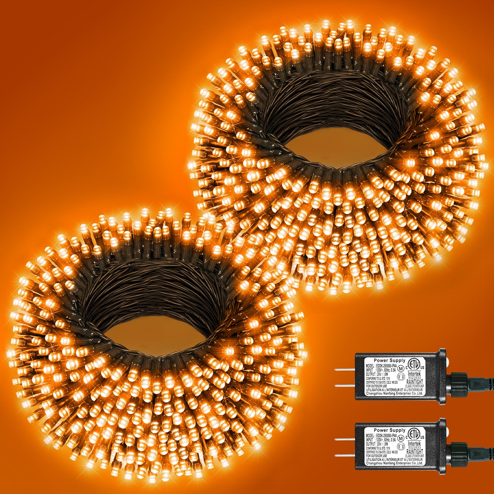 Nielfoi Halloween String Lights, 200FT 600 LED, Orange, Waterproof, 8 Modes, Plug-in for Indoor/Outdoor Decorations
